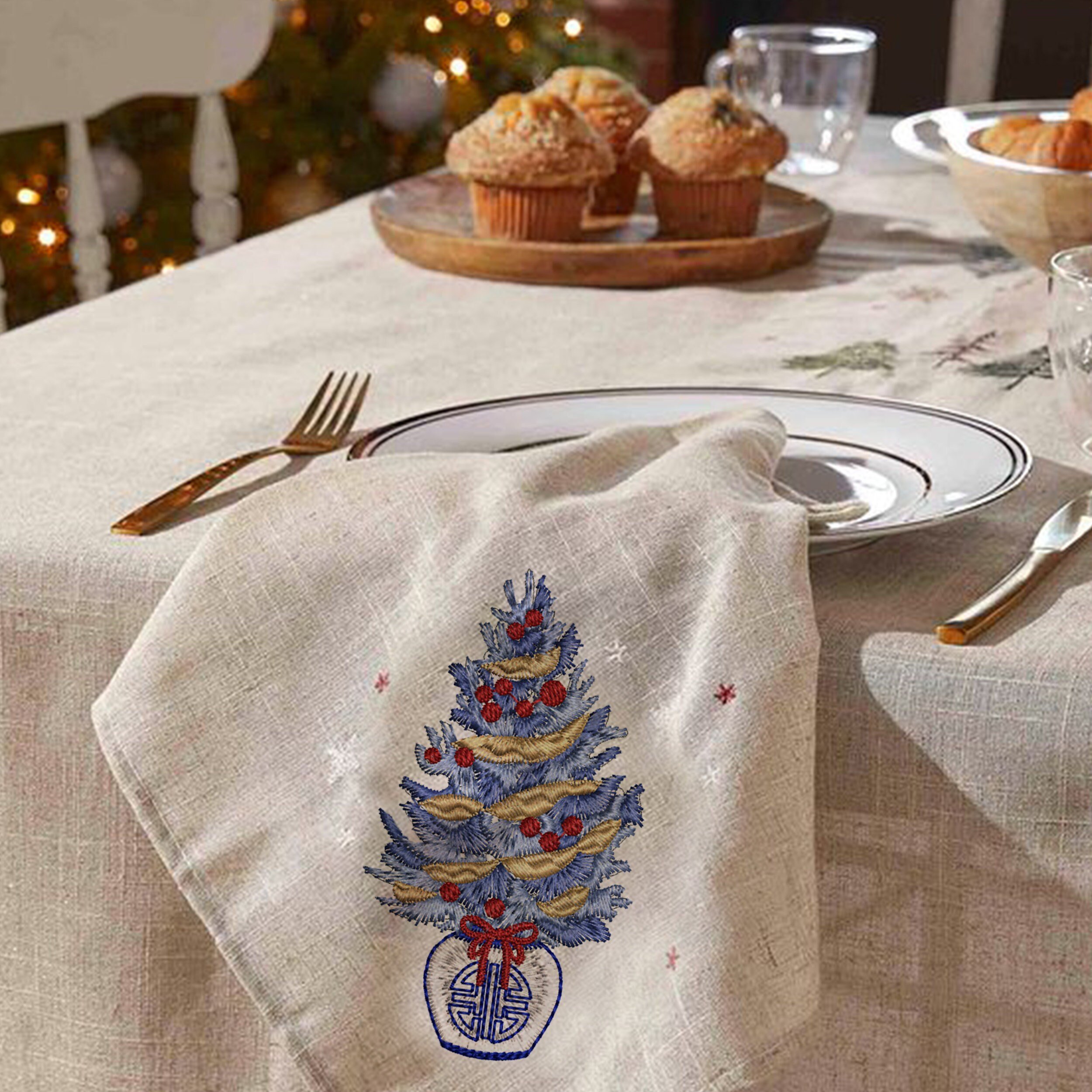 Chinoiserie Christmas Tree Machine Embroidery Design Set embroidered on holiday napkins