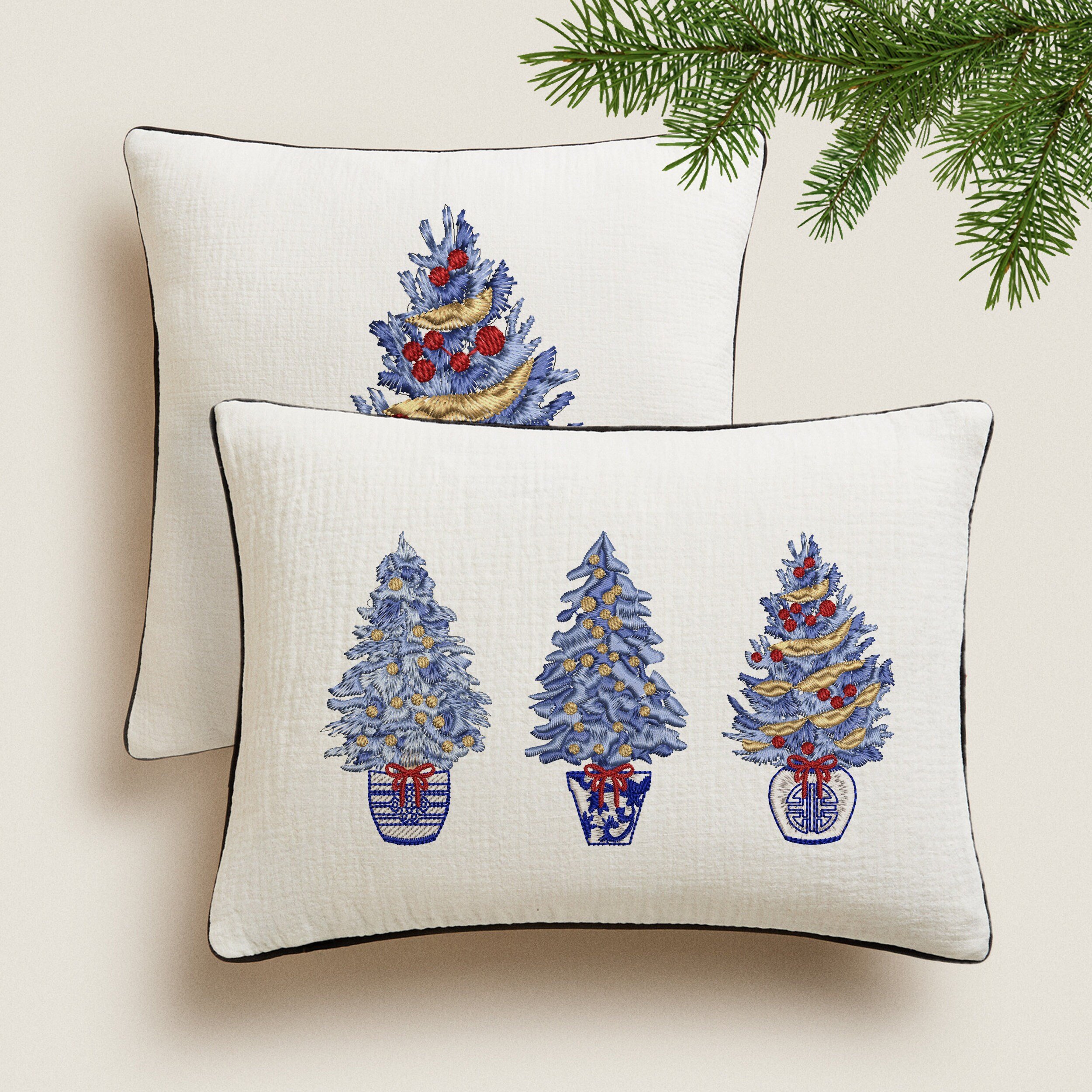 Chinoiserie Christmas Tree Machine Embroidery Design Set embroidered on pillow