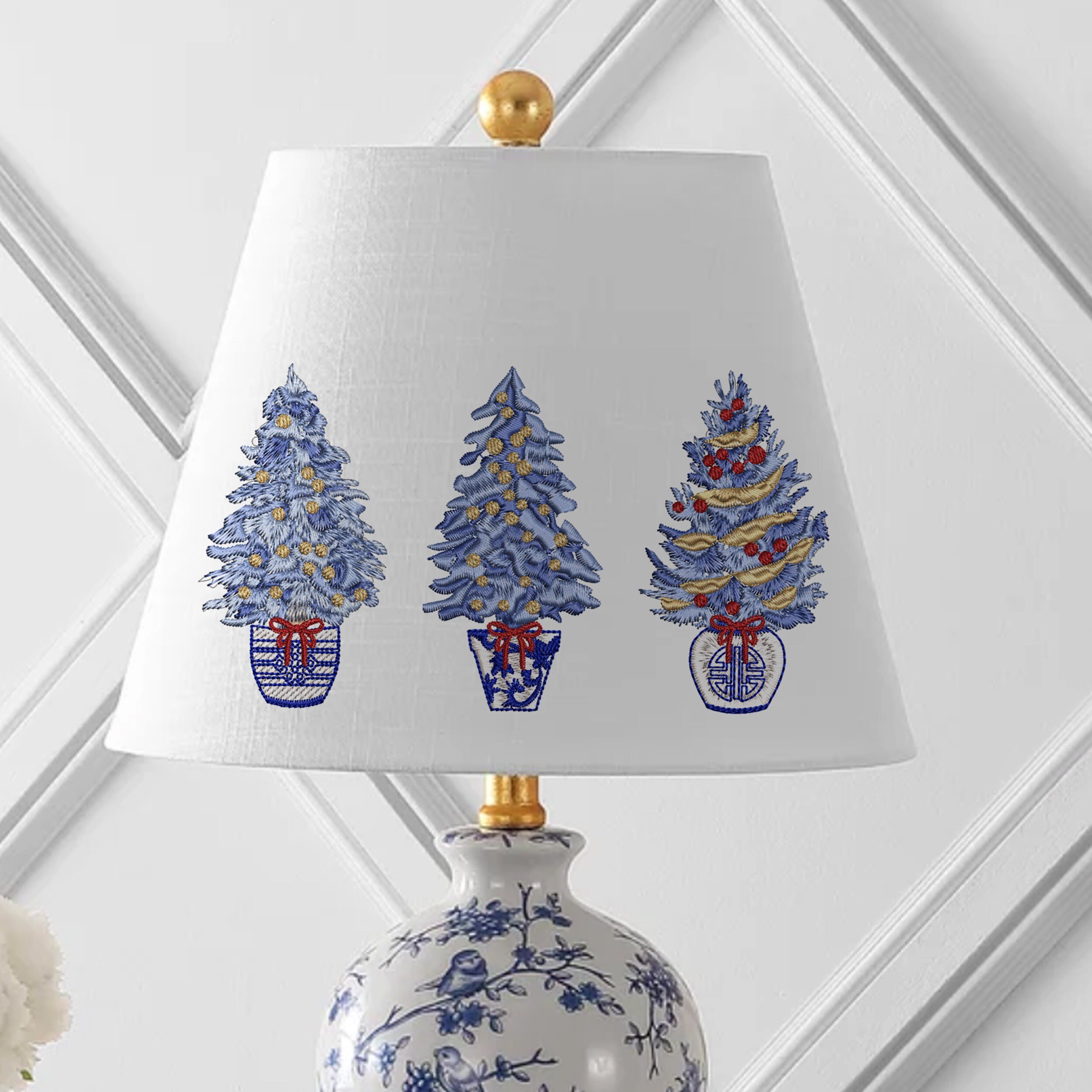 Chinoiserie Christmas Tree Machine Embroidery Design Set embroidered on a lamp shade