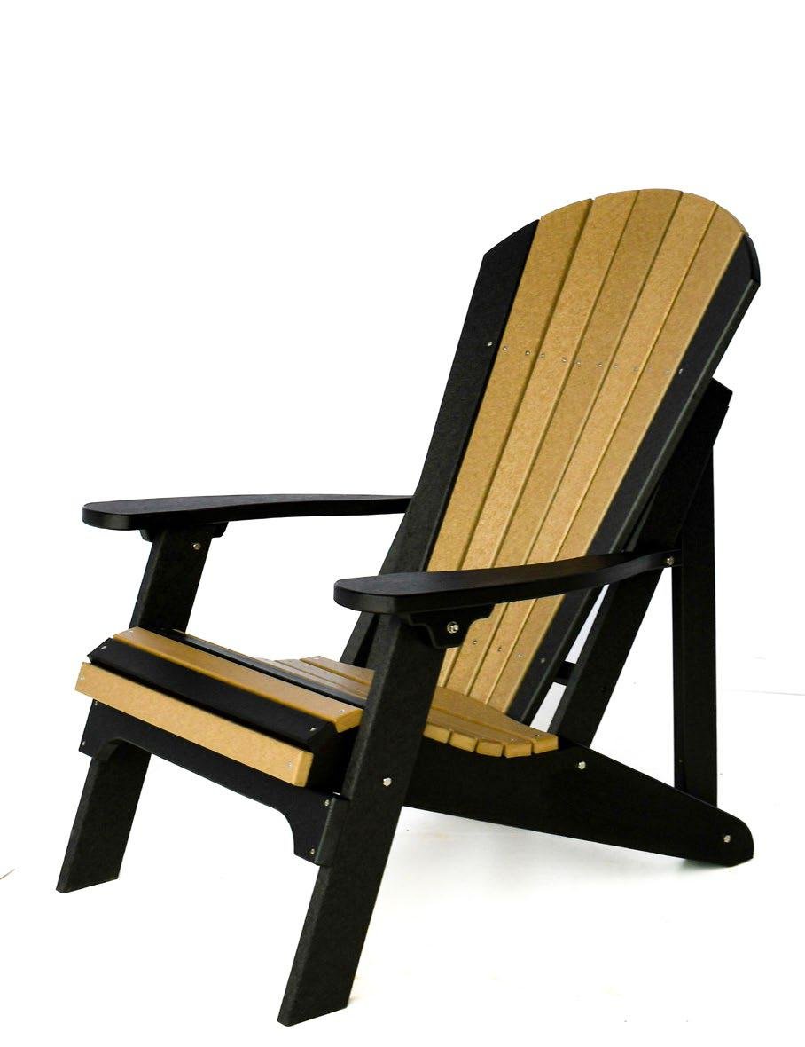 A wooden Adirondack chair with a black frame and slats, positioned against a plain white background.