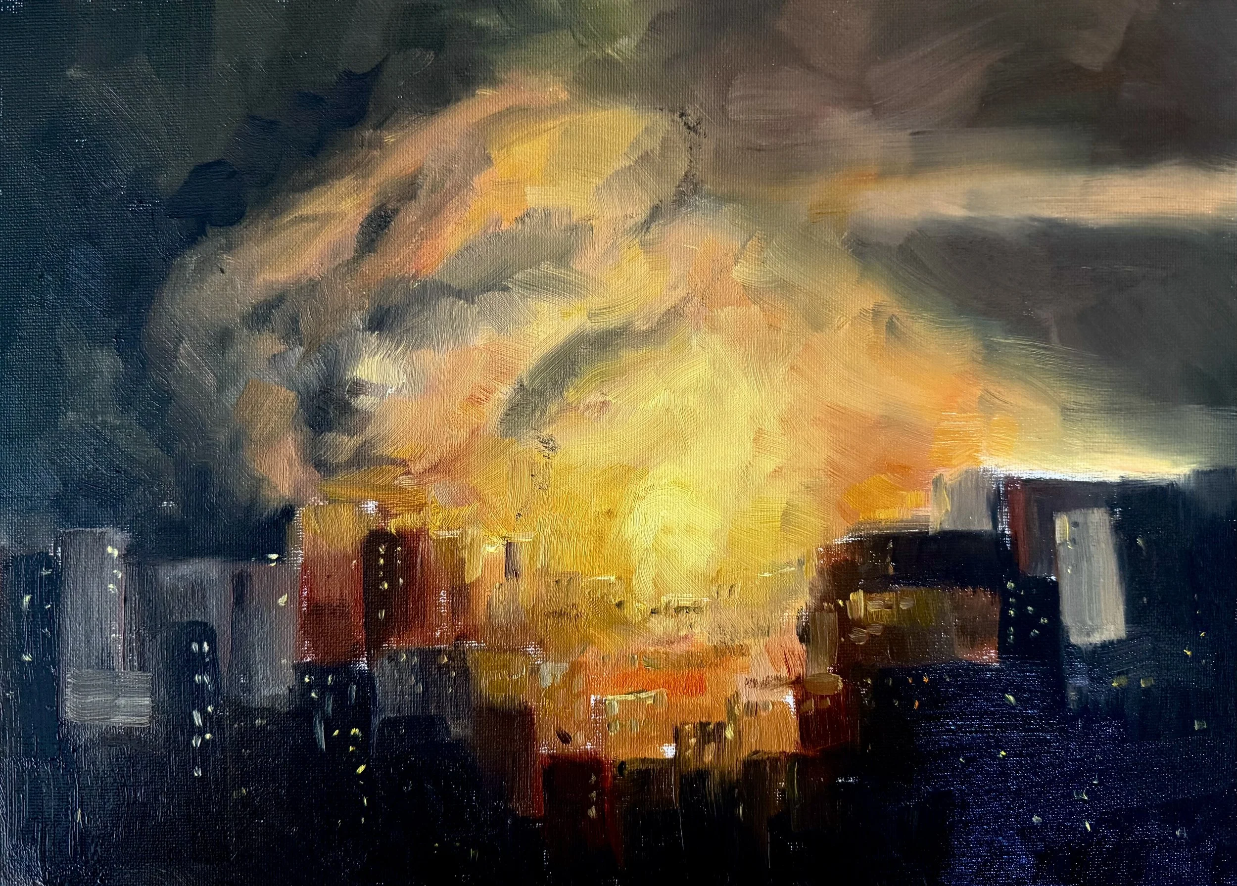 Kyiv in a Fire, 2025, Oil on Cardboard - 40x30 cm