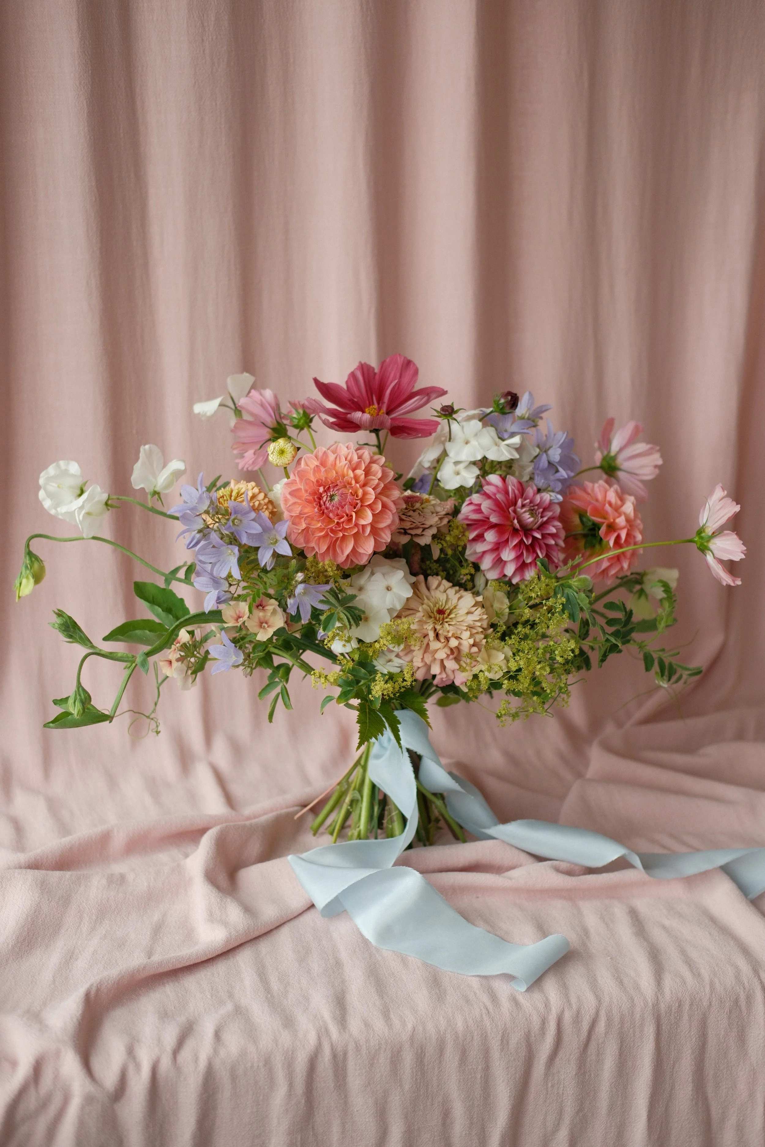 A bouquet of assorted colorful flowers, including dahlias and cosmos, arranged in a light blue ribbon, with a soft pink curtain in the background and a light pink cloth underneath.