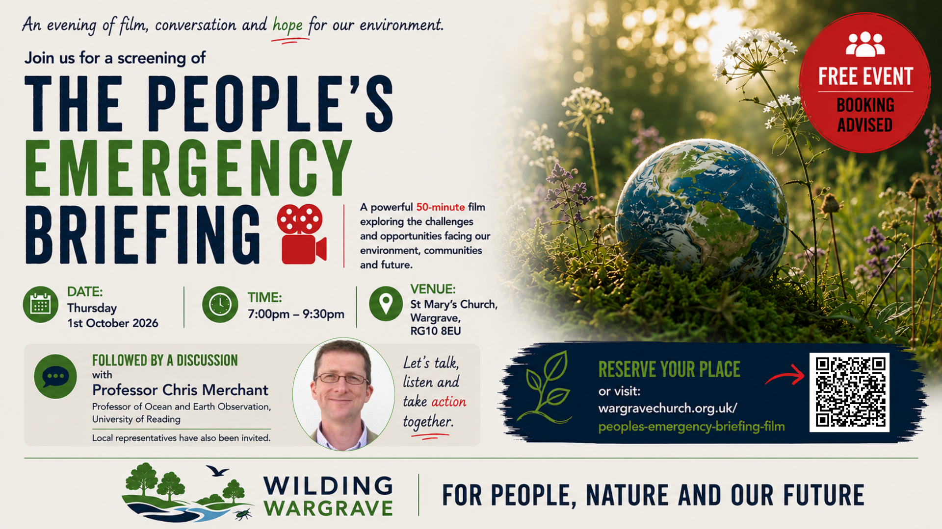 A screening of The People's Emergency Briefing, a 50-minute film exploring the challenges and opportunities facing our environment, communities and future is being held at St Mary's. The event is free, but tickets are required to help us manage numbe