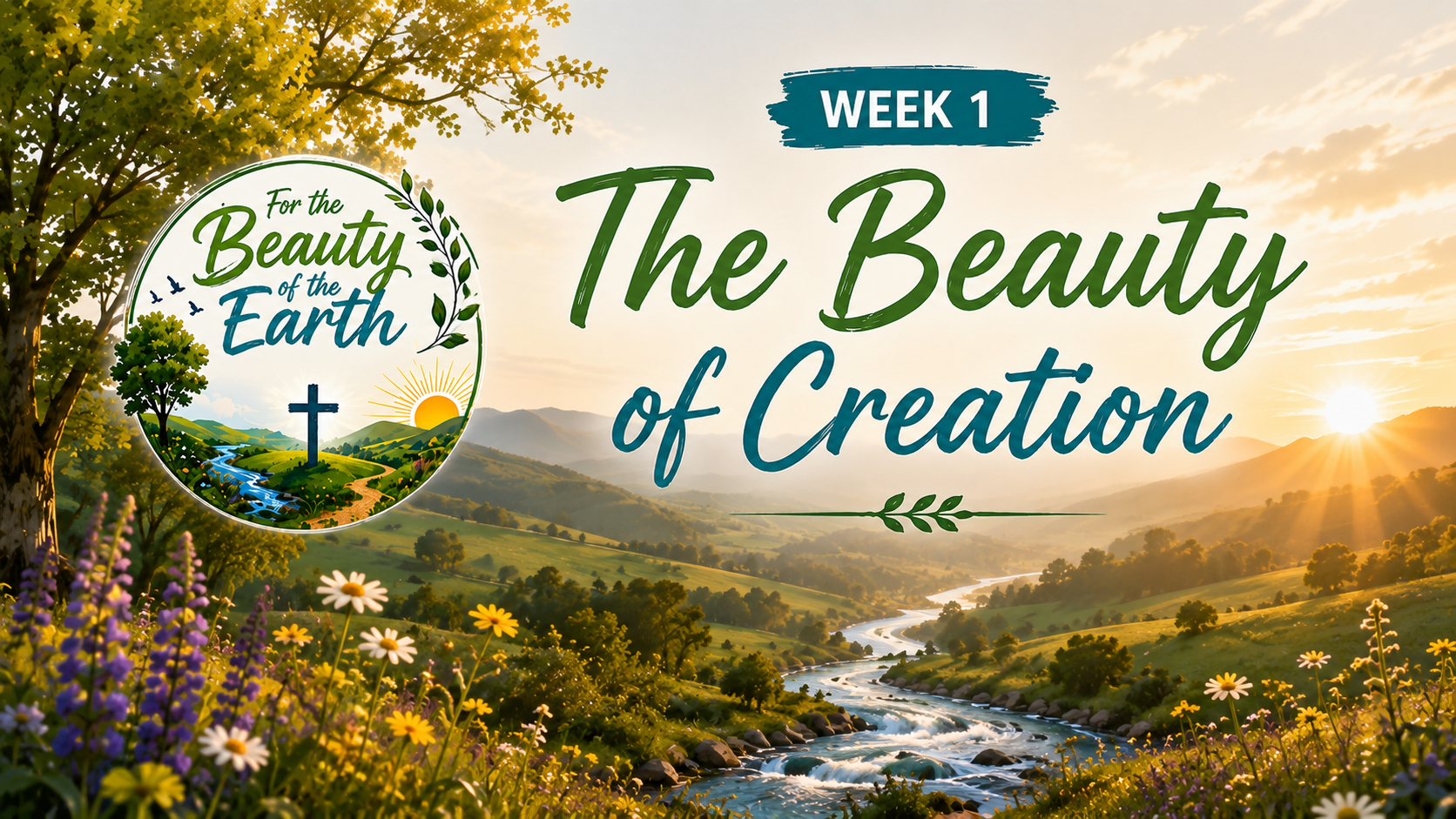 Sun setting over a valley filled with plants and flowers. A river flows peacefully. For the Beauty of the Earth: Week 1 The Beauty of Creation