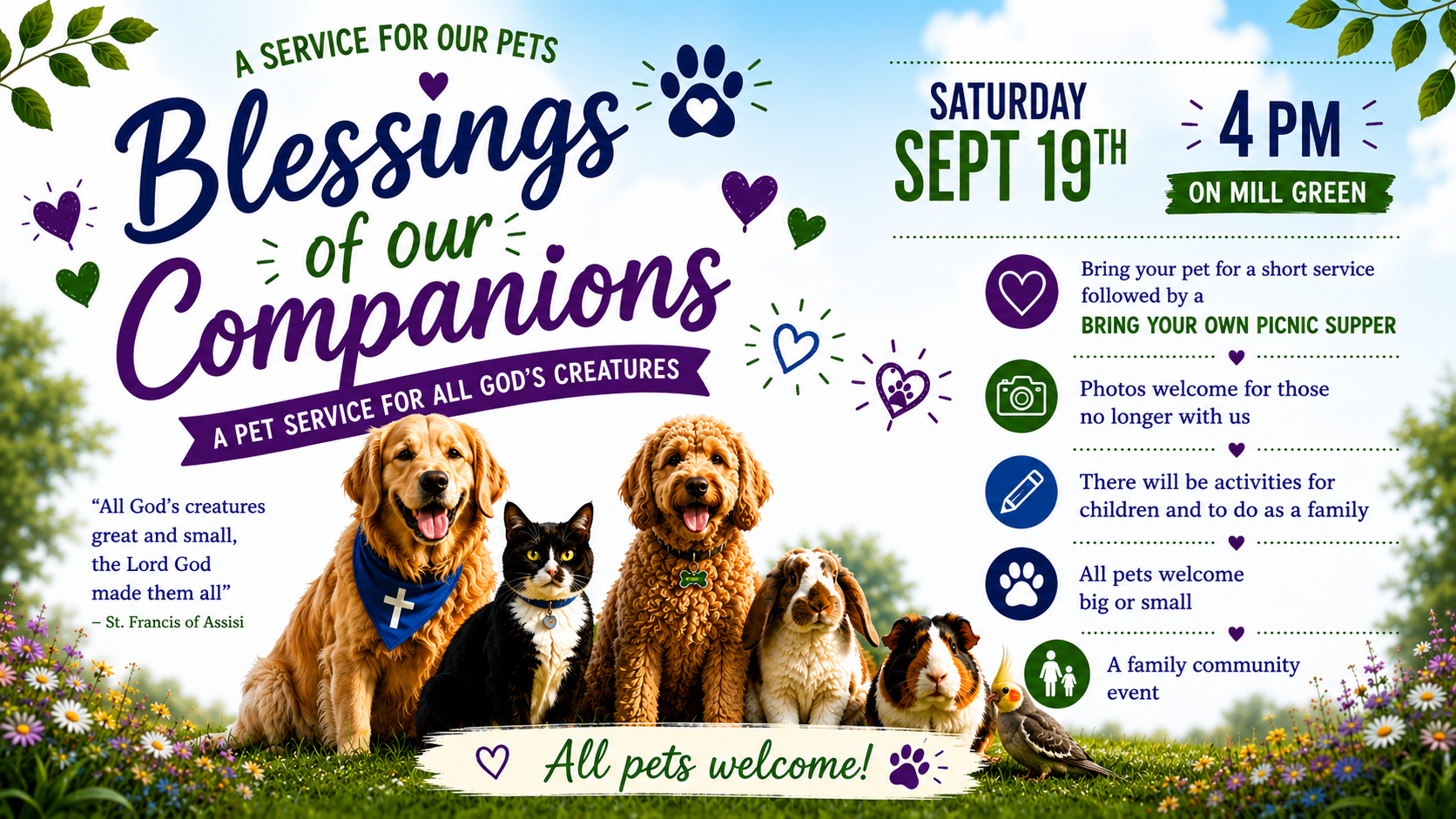 Join us for our first ever pet service on Mill Green - Saturday 19th September
