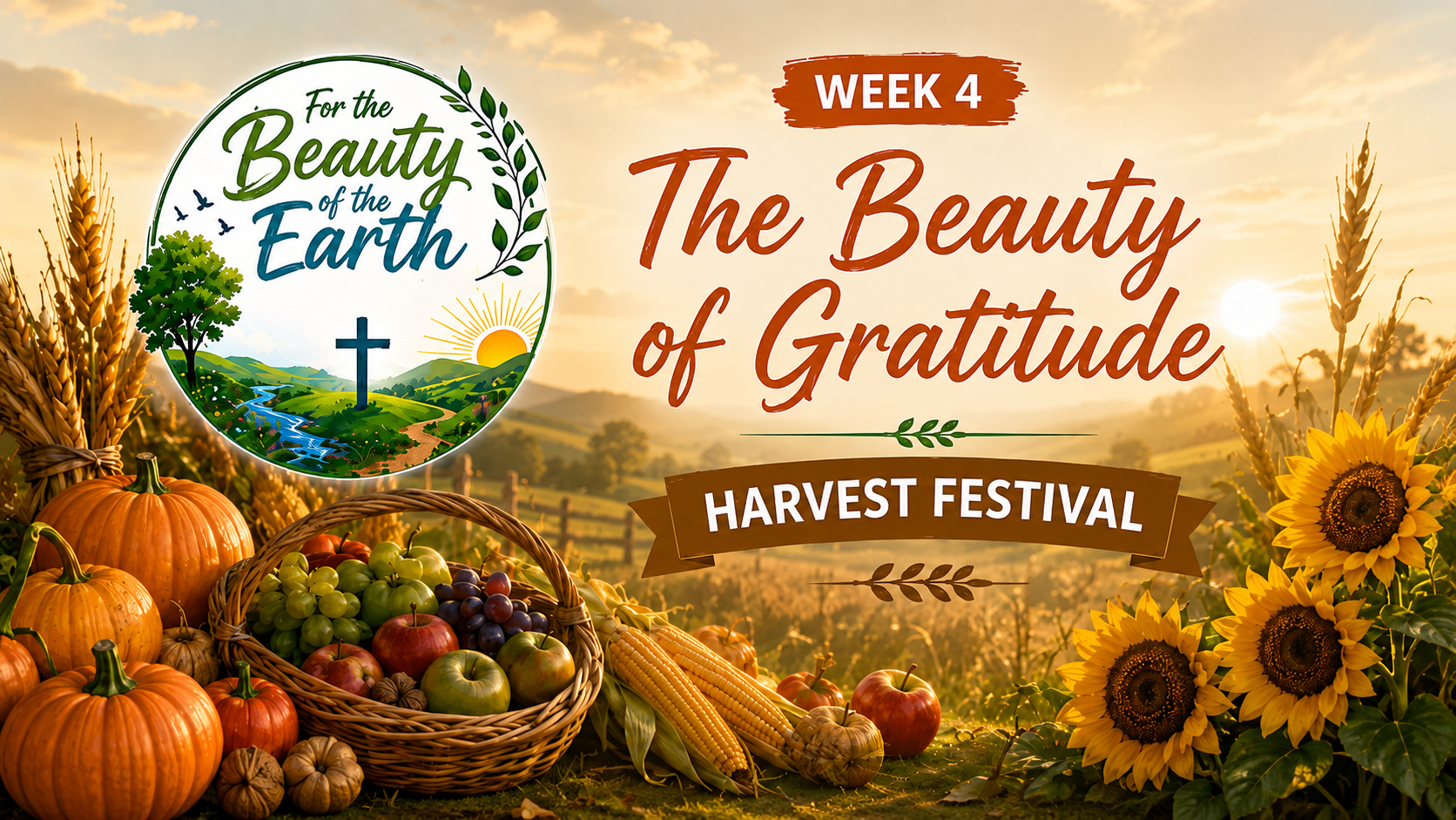 Sun sets over a farmer's field. Various harvested produce including pumpkins, wheat, apples, corn and sunflowers gathered. For the Beauty of the Earth: Week 4: The Beauty of Gratitude. Harvest Festival