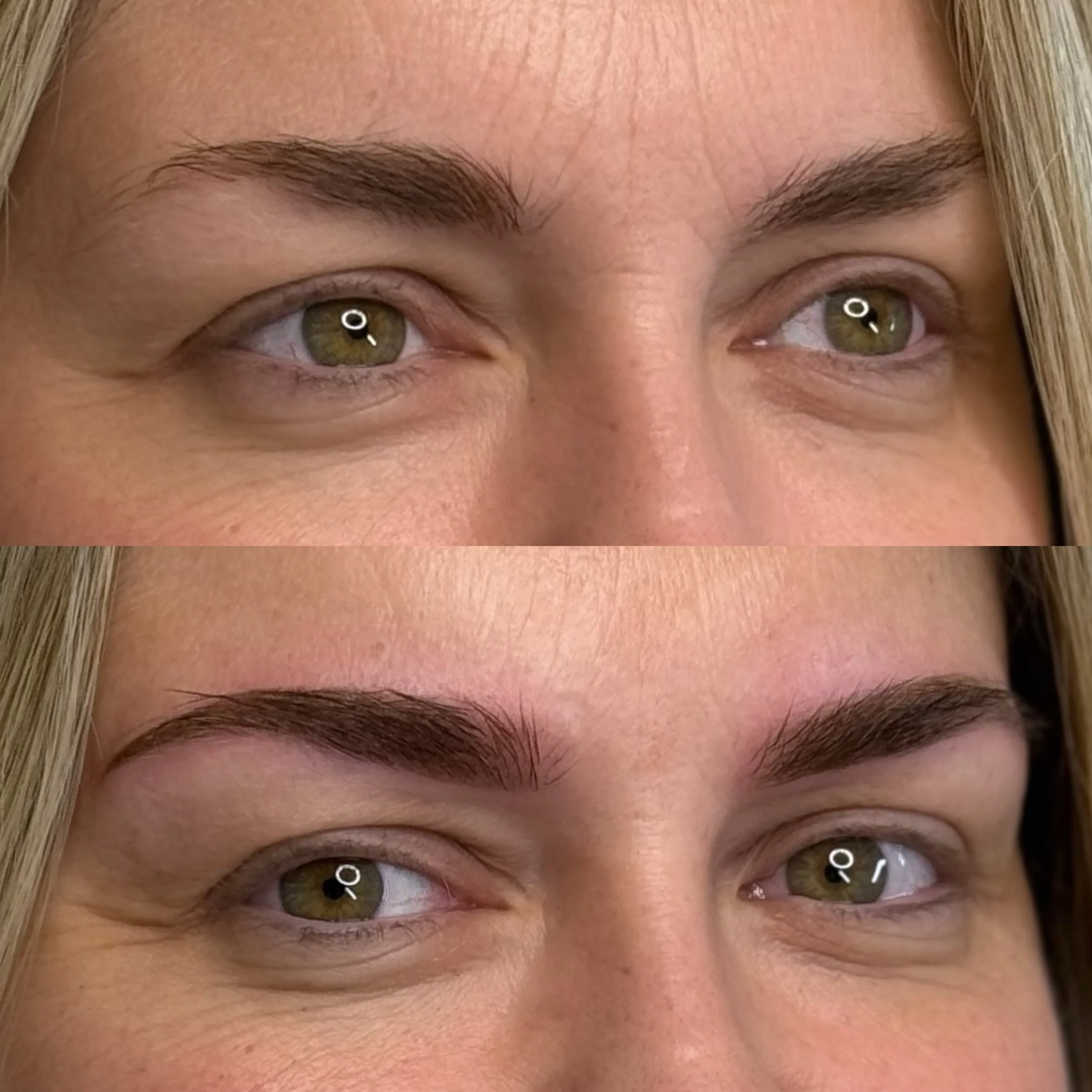 Close-up of a woman's face focusing on her gray-green eyes and eyebrows.