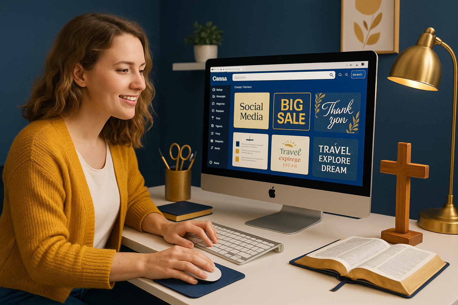 A woman with light brown curly hair smiling at her computer in a cozy, well-decorated workspace. She is wearing a mustard yellow cardigan and a white shirt. The desk has a book, a gold lamp, a wooden cross, and a cup with scissors inside. The computer screen displays a website with various promotional tiles related to social media, sales, travel, and gratitude.