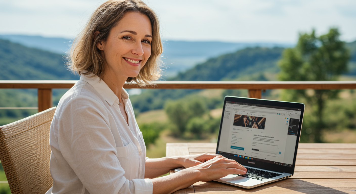 Woman smiling at laptop on outdoor deck with scenic view