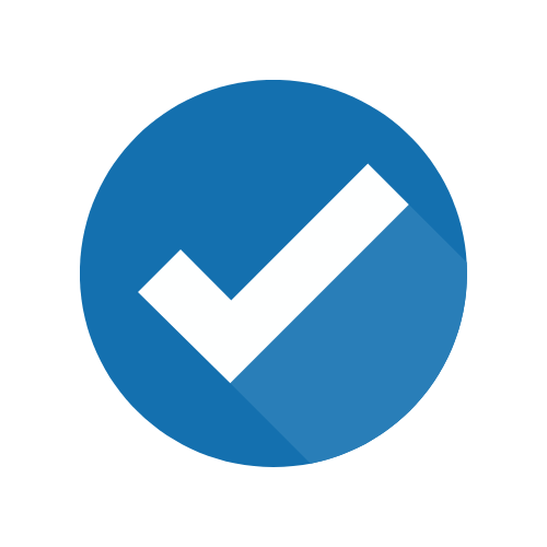 Blue circular checkmark icon with long shadow.