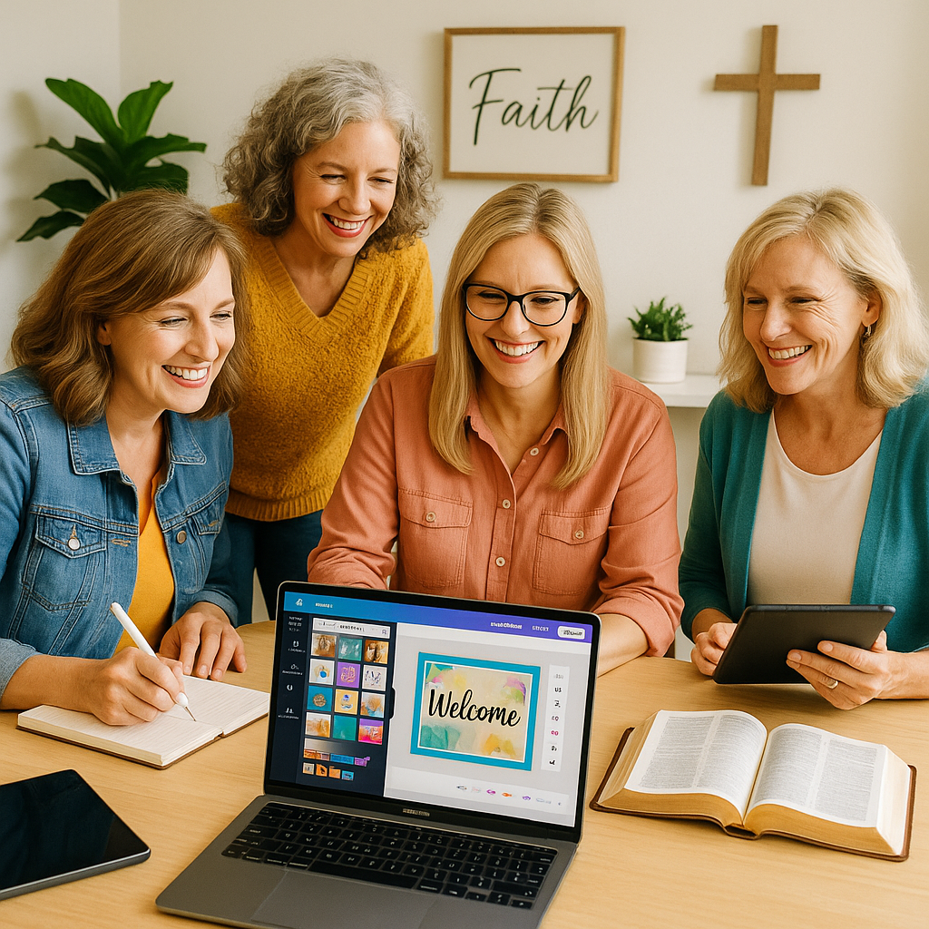 Four women gathered around a table, smiling and looking at a laptop with a Christian-themed presentation; two of them are taking notes, one is holding a tablet, and there is an open Bible on the table. The background shows a framed 'Faith' sign and a cross on the wall.