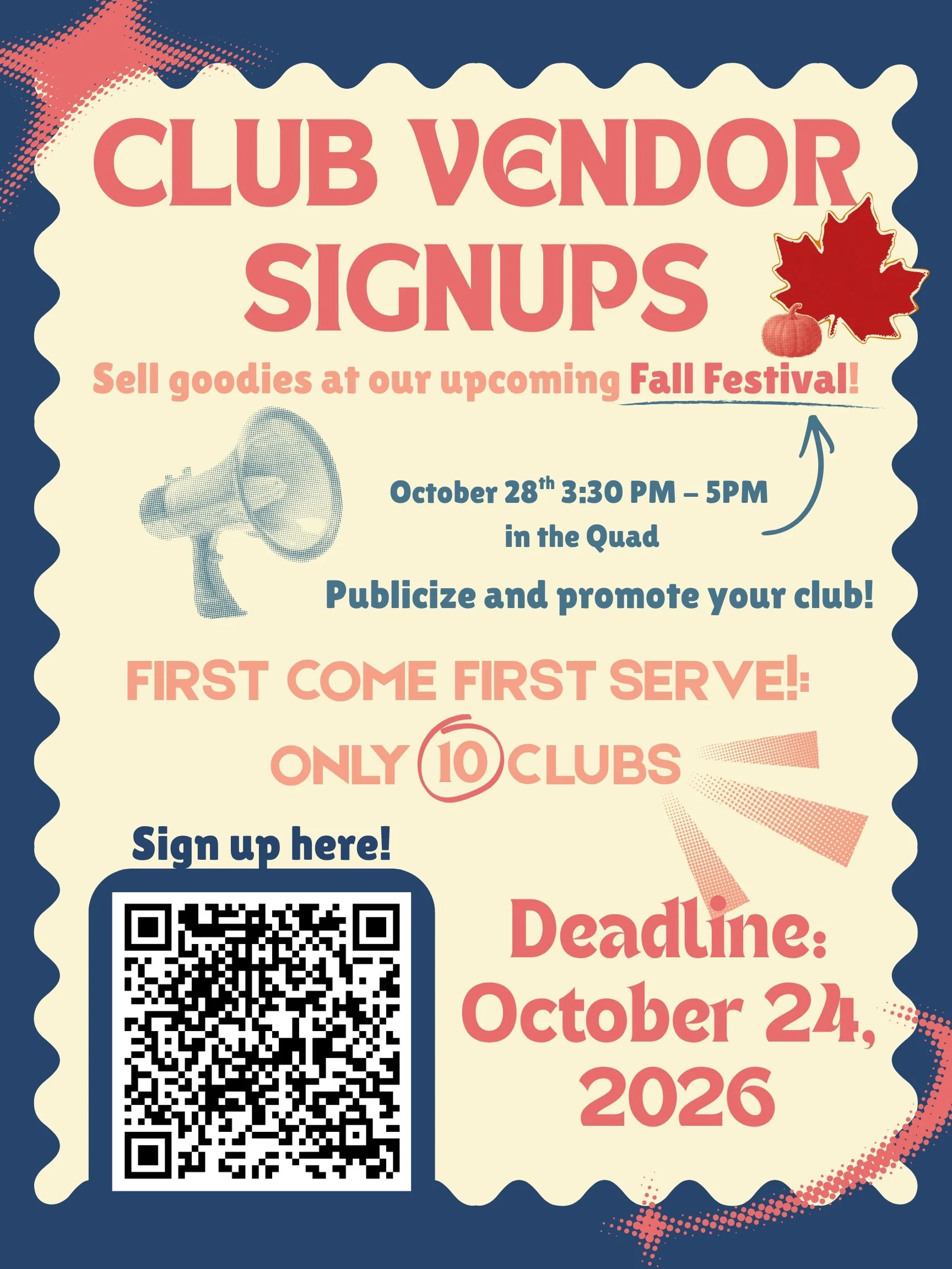 📣 COFA is looking for clubs to come and sell goodies at our upcoming Fall Fest! 🍁

This is a great opportunity to publicize and promote your club! If interested (and available), please fill this form out.

FIRST COME, FIRST SERVE! Only the first 10