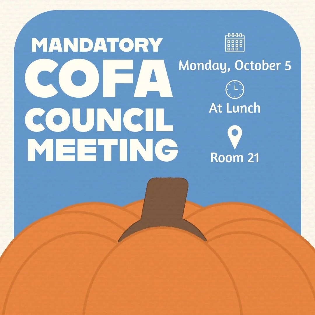 Our next mandatory Council meeting is Monday, October 5 at lunch in Room 21. 

We&rsquo;ll be focusing on Fall Fest, group collaboration, and everyone&rsquo;s roles as we get ready for the event. See you there!