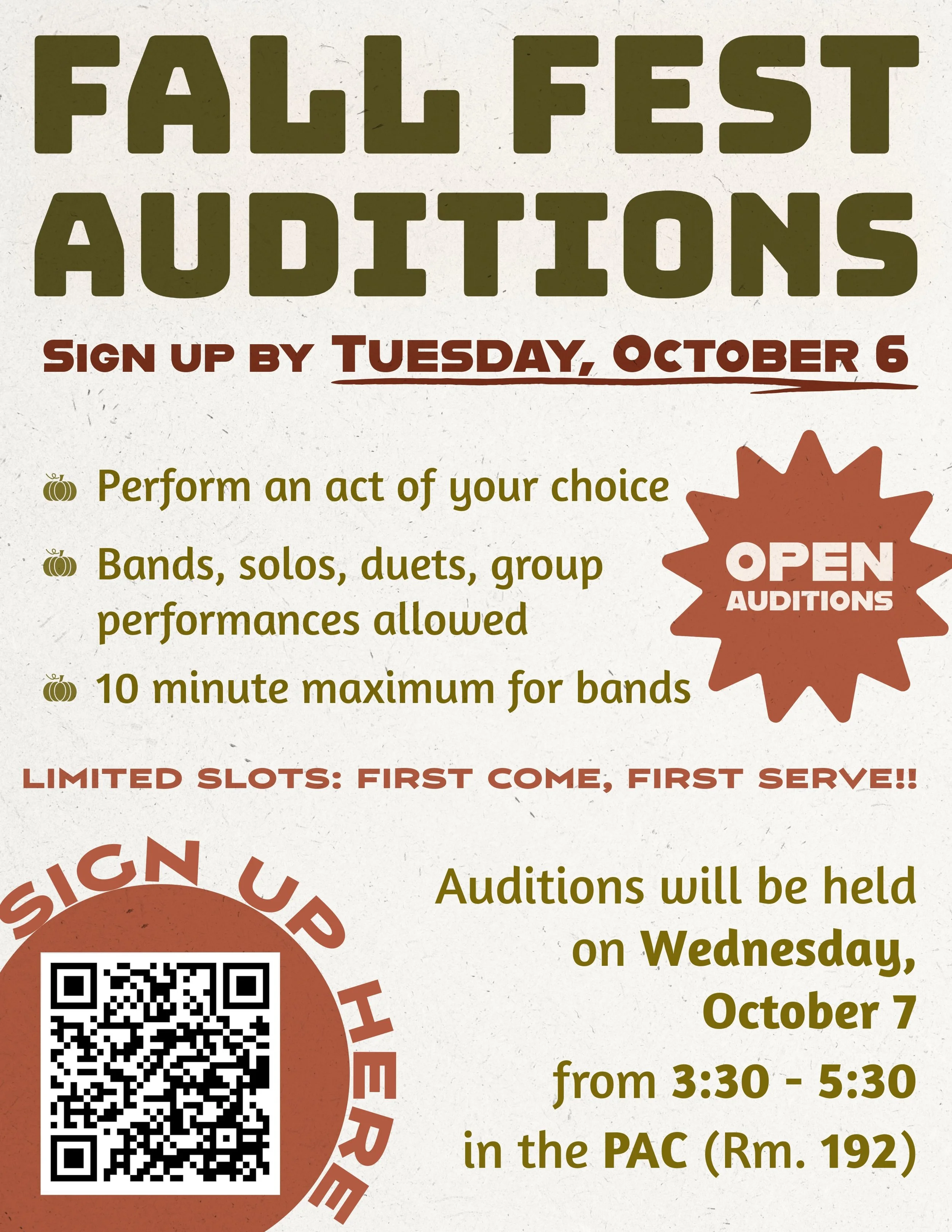 Our annual COFA Fall Festival is coming up on October 28th and we are looking for artists to perform for the event! 

Auditions will take place on October 7th after school (3:30-5:30 PM) in the choir room (Rm. 192).

Sign up through this link or the 