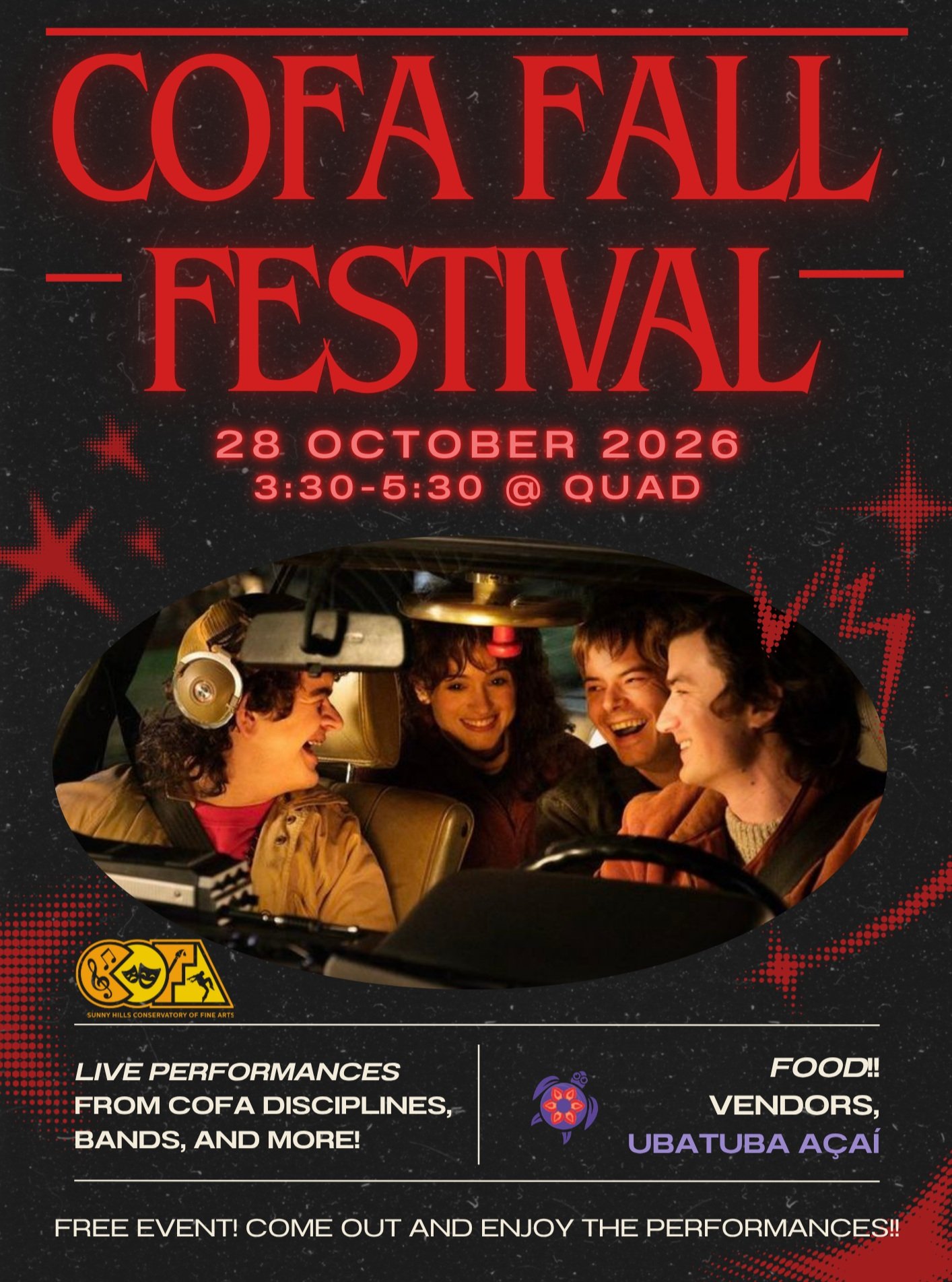 2026 COFA Fall Fest is coming up! 🍁

This year's theme is 🌟Stranger Things🌟 
Come out and enjoy the performances and food!

🗓️ Wednesday, October 28
🕞 3:30-5:30
📍 Sunny Hills Quad
