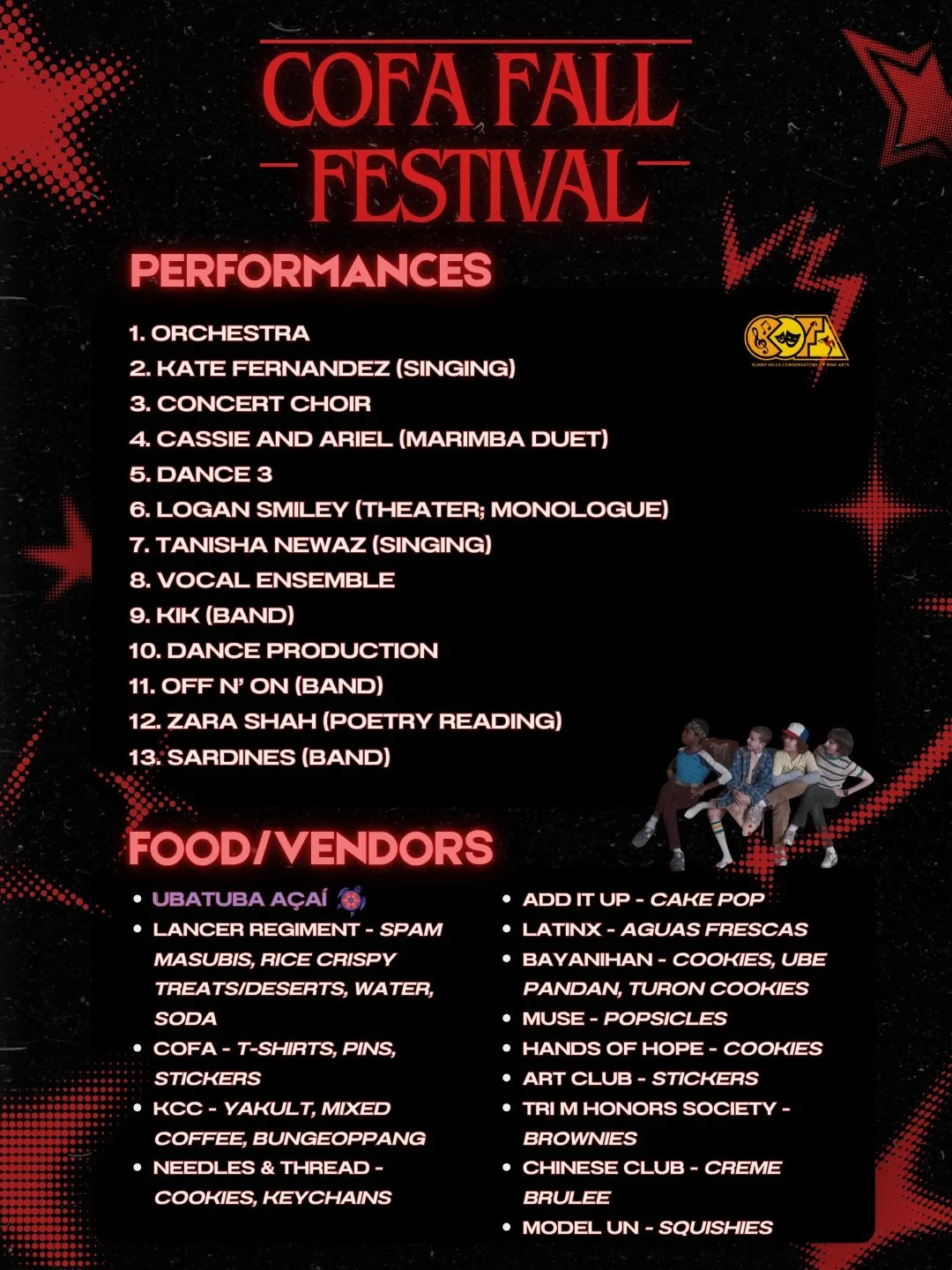 ⭐COFA Fall Festival is TODAY!! 🍁
Here is the lineup of the performances and the food/vendors ✨

Come out to the quad today after school (3:30-5:30) to enjoy live performances and food!