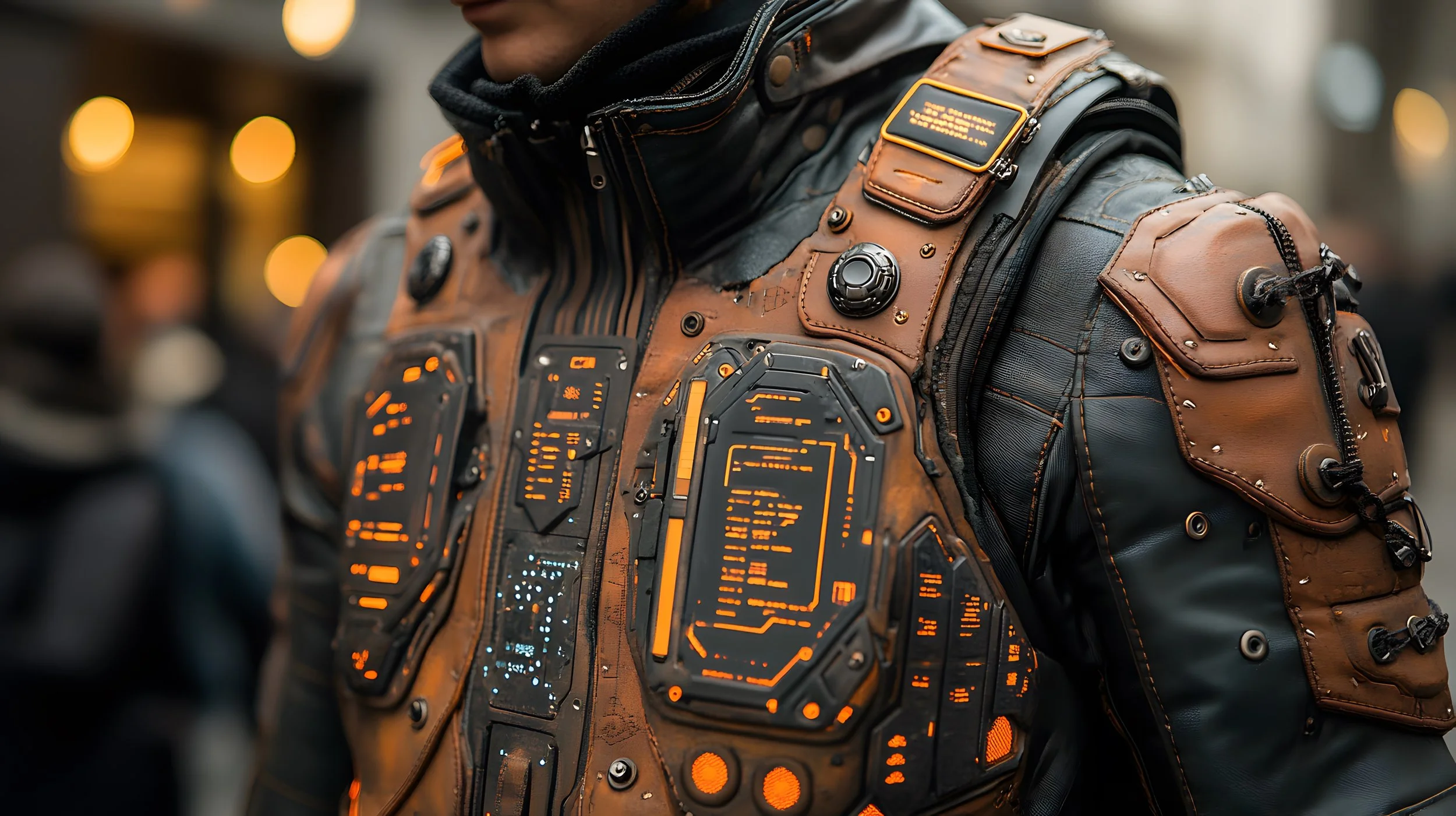 Close-up of a futuristic jacket with glowing digital panels and leather straps, worn by a person.