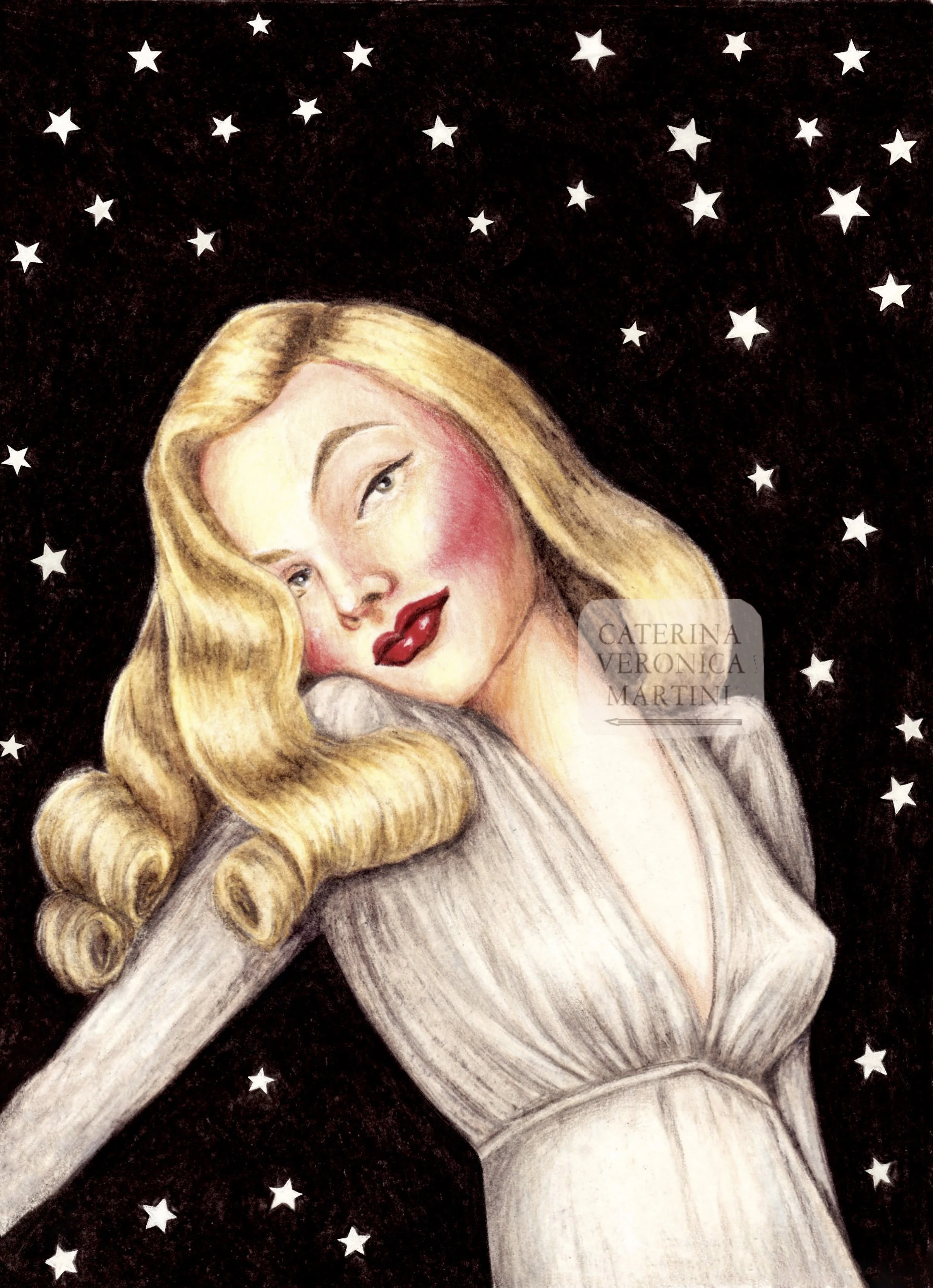 “Veronica Lake”. Colored pencils on paper.