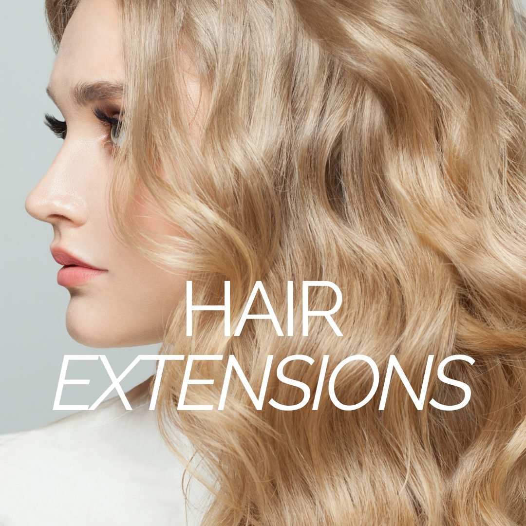 Close-up of a woman with long, wavy blonde hair and light skin, with the text "Hair Extensions" overlaid.