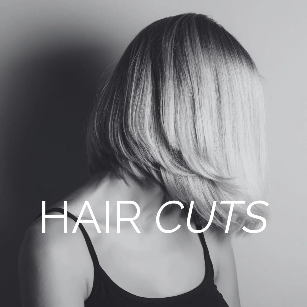 Black and white photo of a woman with short, layered hair, wearing a spaghetti strap top, with text 'Hair Cuts' over the image.