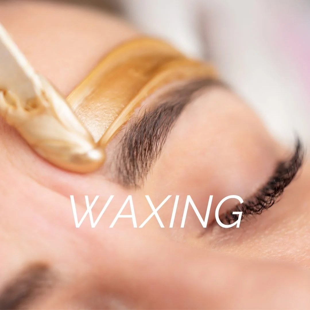 Close-up of a person's eyebrow and eyelash with wax strip and wax being applied or removed for eyebrow waxing. The word 'WAXING' is overlaid on the image.