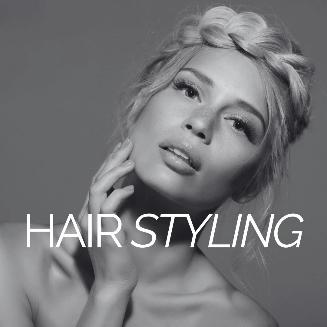 Black and white photo of a woman with styled blonde hair, touching her face, looking at the camera, with the words "HAIR STYLING" overlaid.