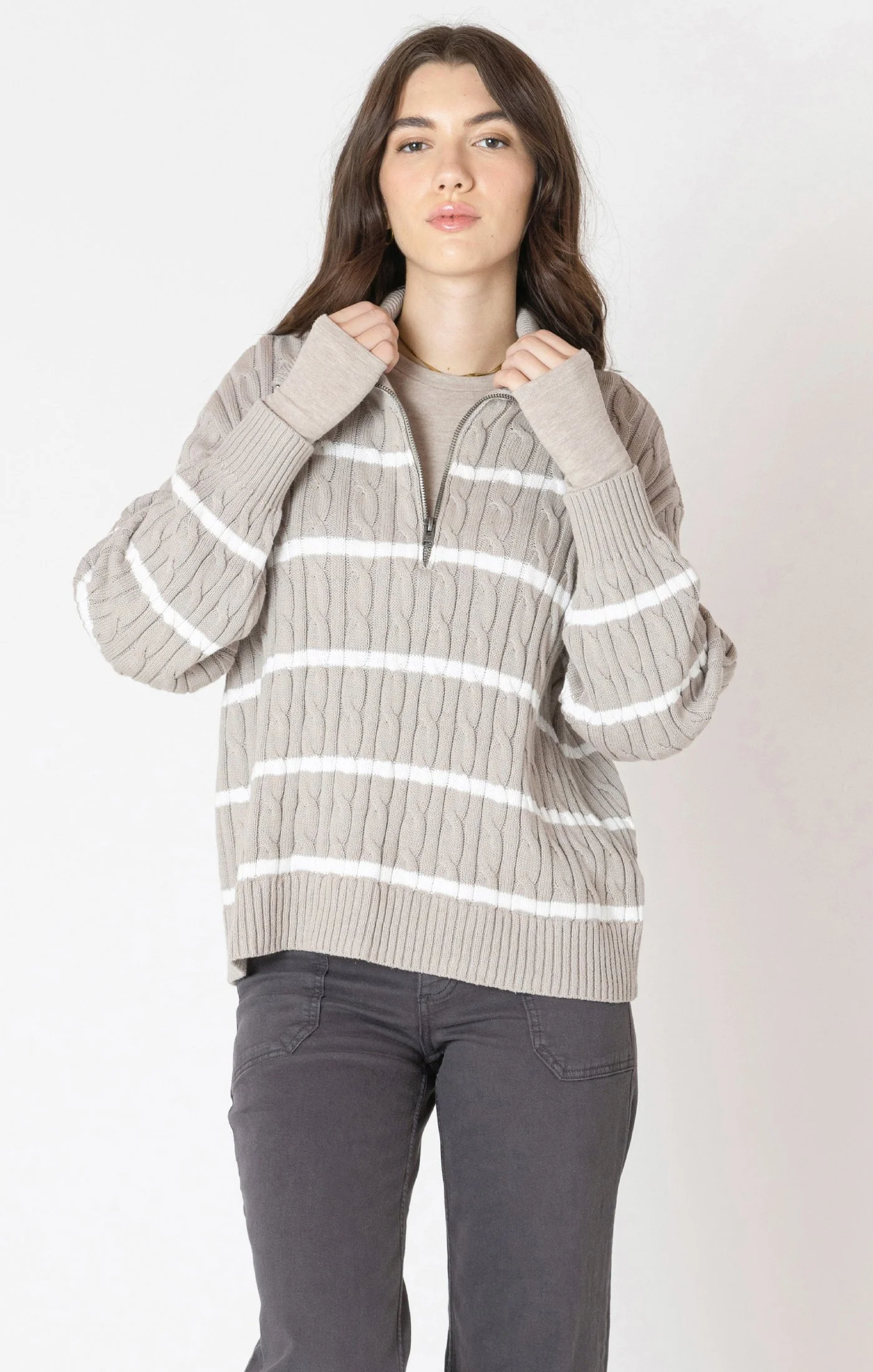dex stripe cable sweater collar