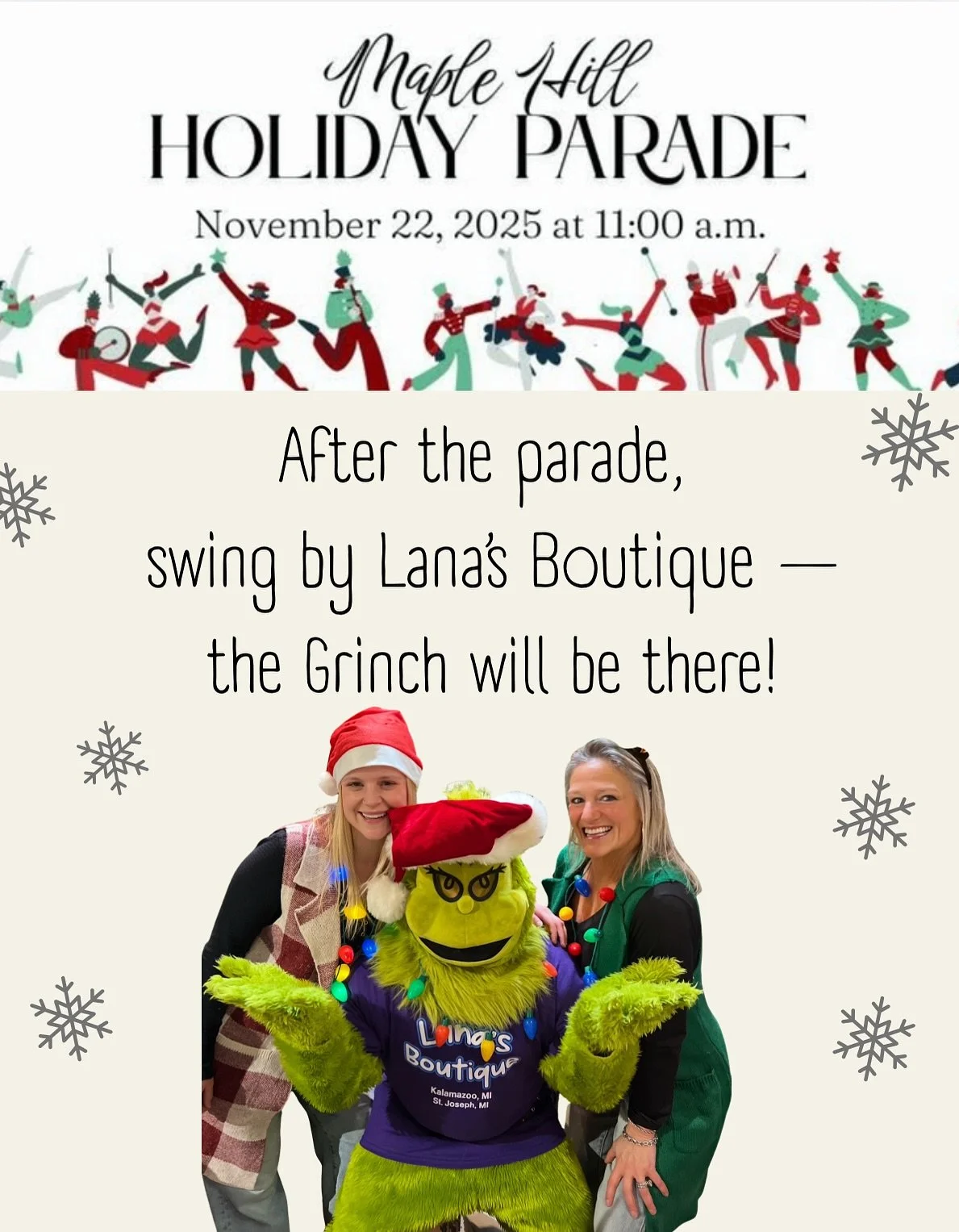🎉🎄 Maple Hill Holiday Parade is THIS Saturday at 11 a.m. in downtown Kalamazoo!
Keep the holiday magic going on the Kalamazoo Mall with shopping, treats, and tons of holiday fun&hellip;
and swing by Lana&rsquo;s Boutique to meet the GRINCH 💚

#dow