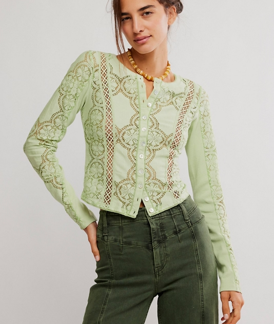 Free People Jae Sheer Lace Knit Long Sleeve Top- Fresh Green