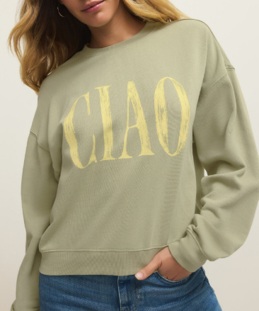 Shop a midweight brushed fleece crewneck sweatshirt with a bold Ciao graphic, relaxed fit, and ultra-soft cotton feel.