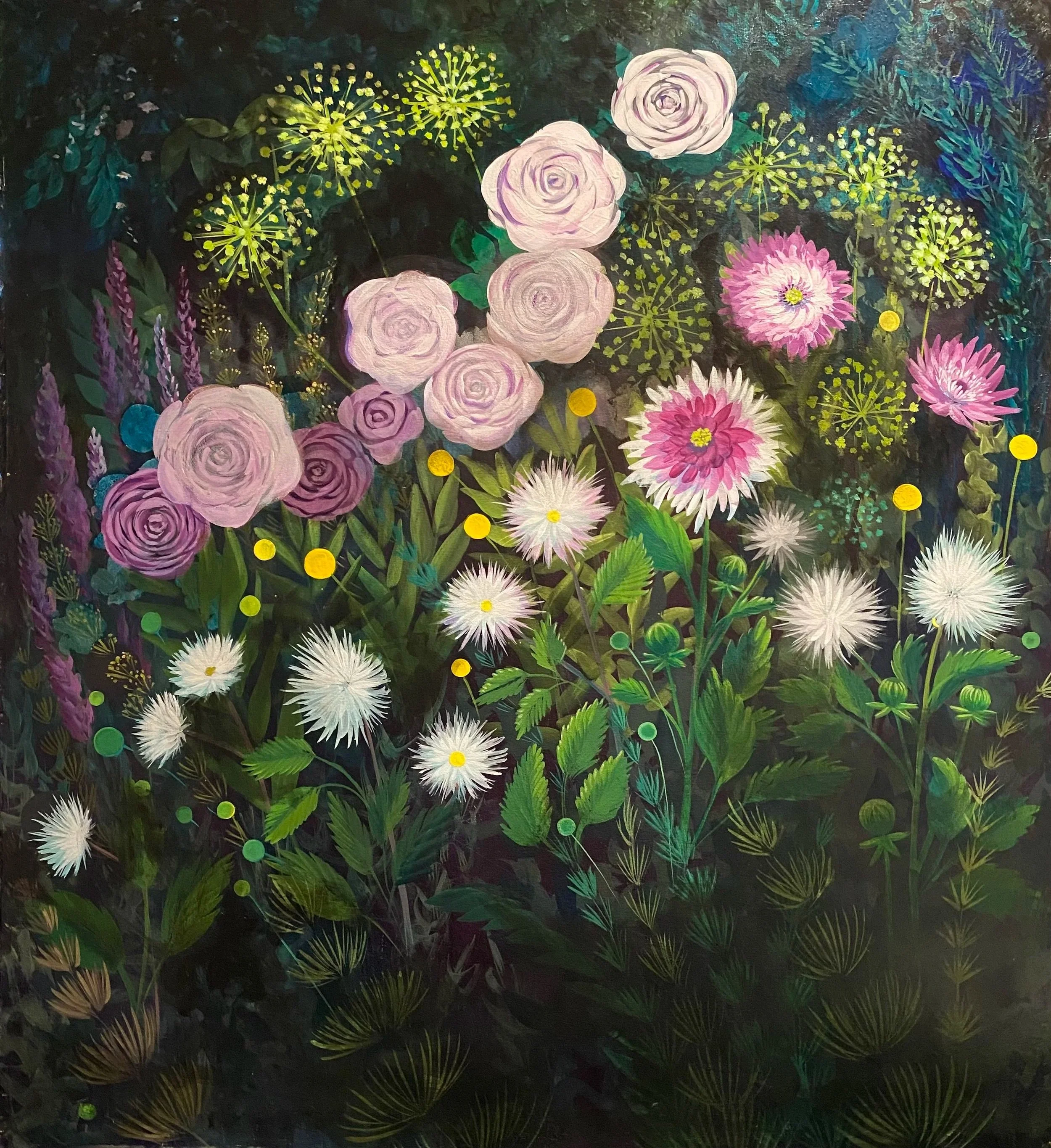 Floral Fireworks, 37x41", Acrylic, Sold.