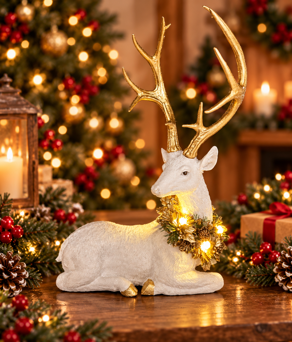 Majestic LED White Resin Deer with Gold Wreath Collar - Laying Down Pose