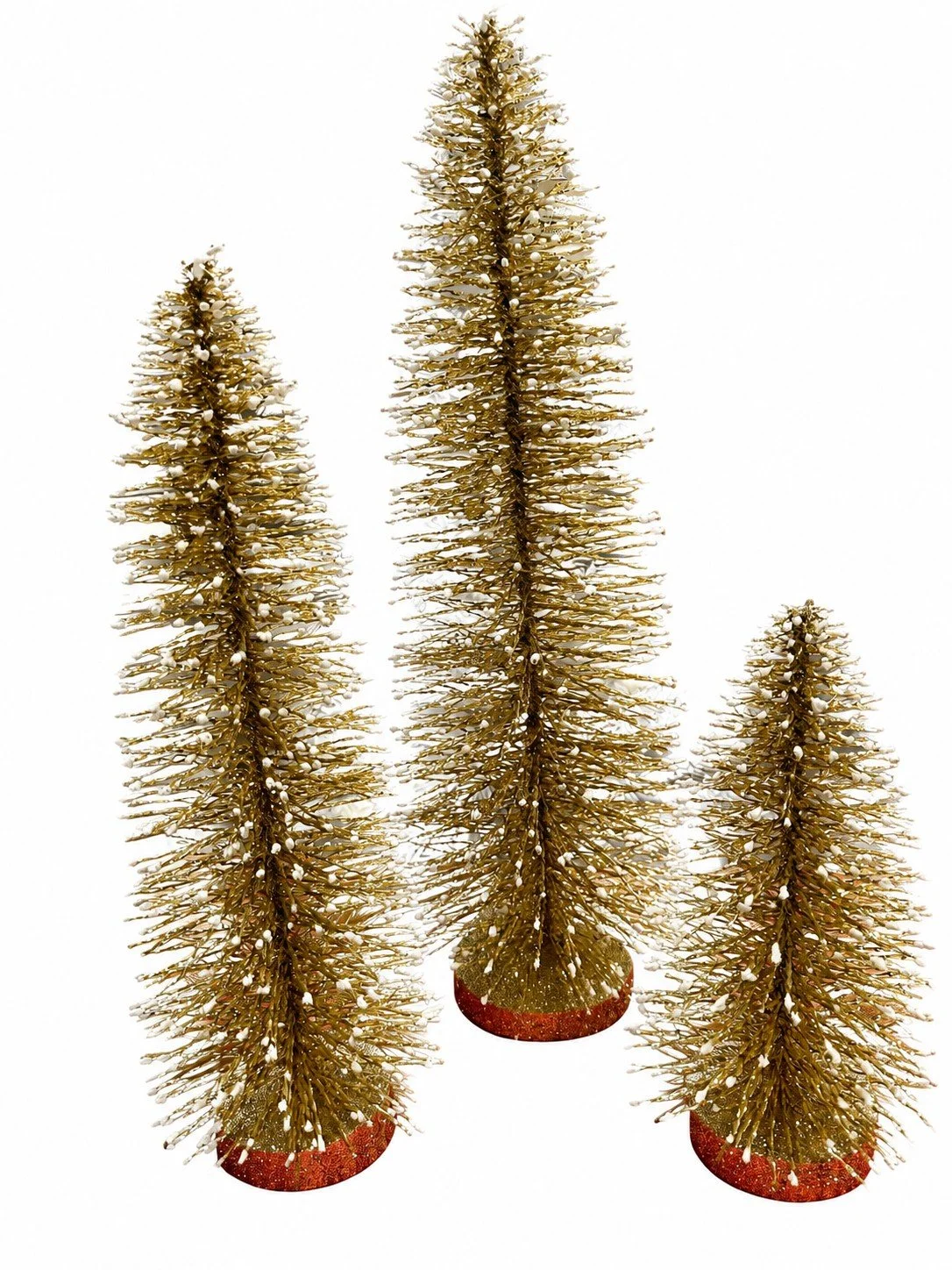 9", 14", 18" Snowy Gold Bottle Brush Trees Set of 3