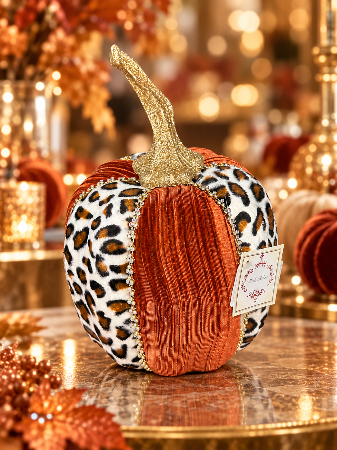 MARK ROBERTS-Leopard/Copper Jeweled Velvet Pumpkin 9.5" H x 6" W