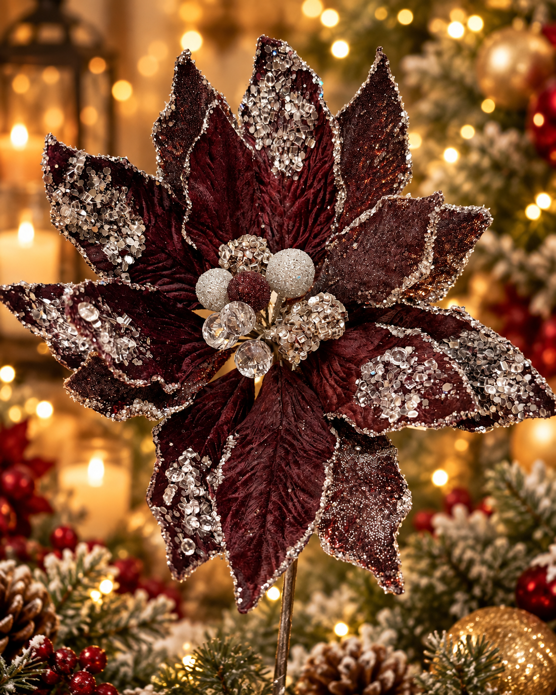 27" Burgundy Elegance Poinsettia Pick Stem