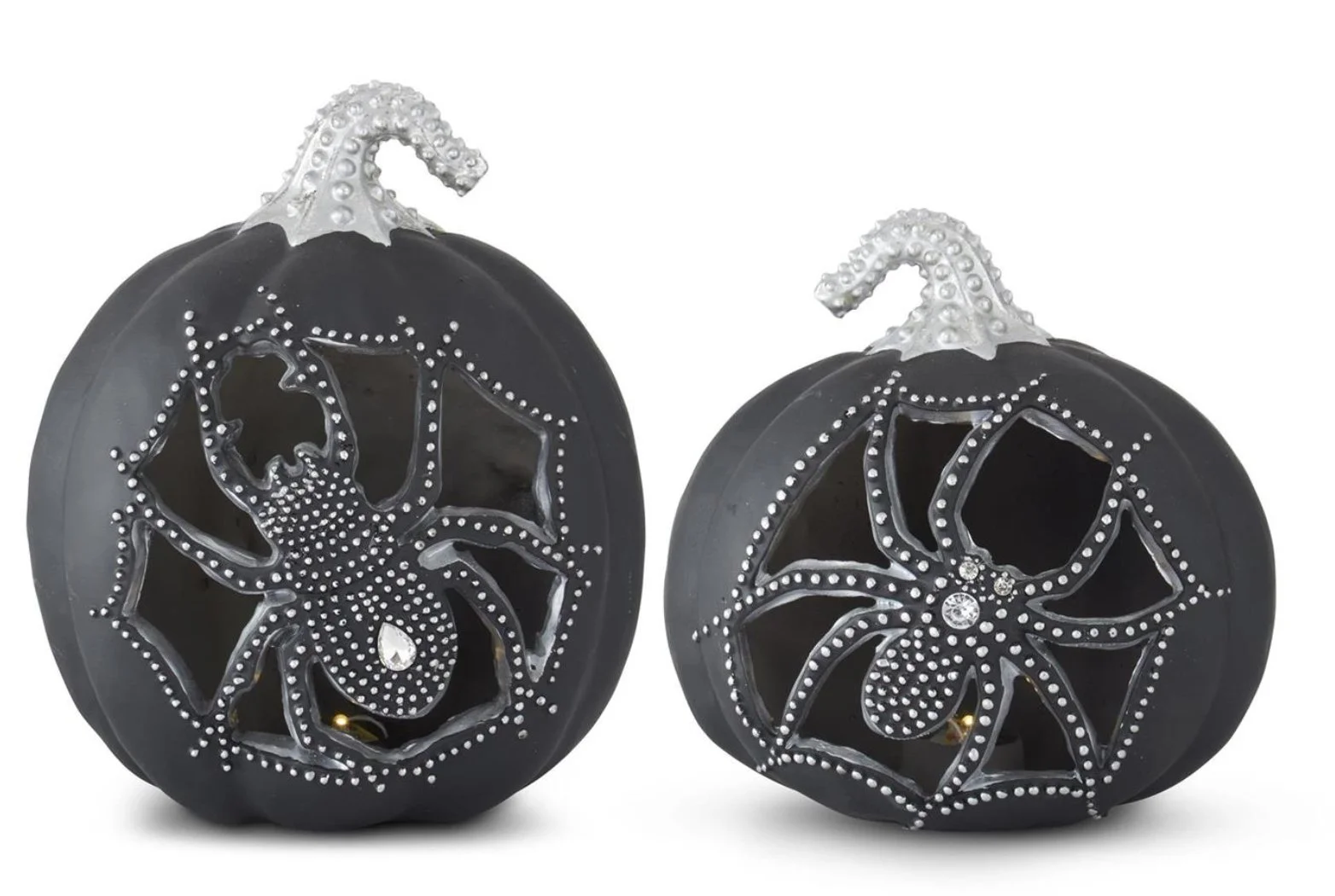 Black & Silver LED Pumpkins with Spider SET OF 2