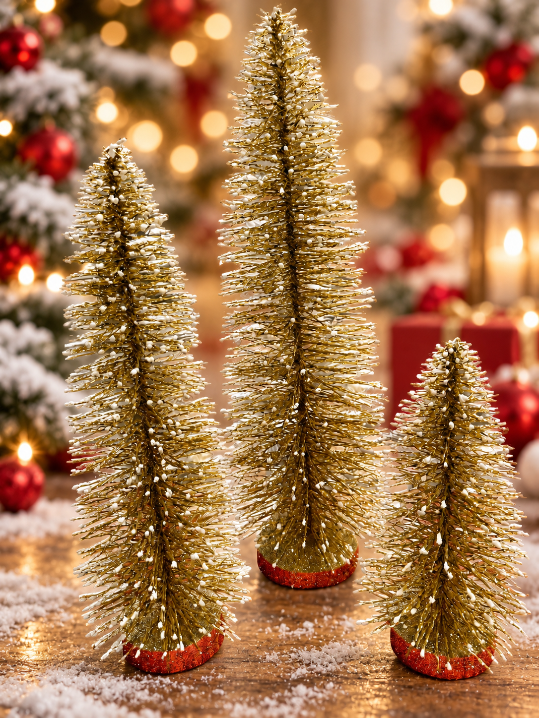 9", 14", 18" Snowy Gold Bottle Brush Trees Set of 3