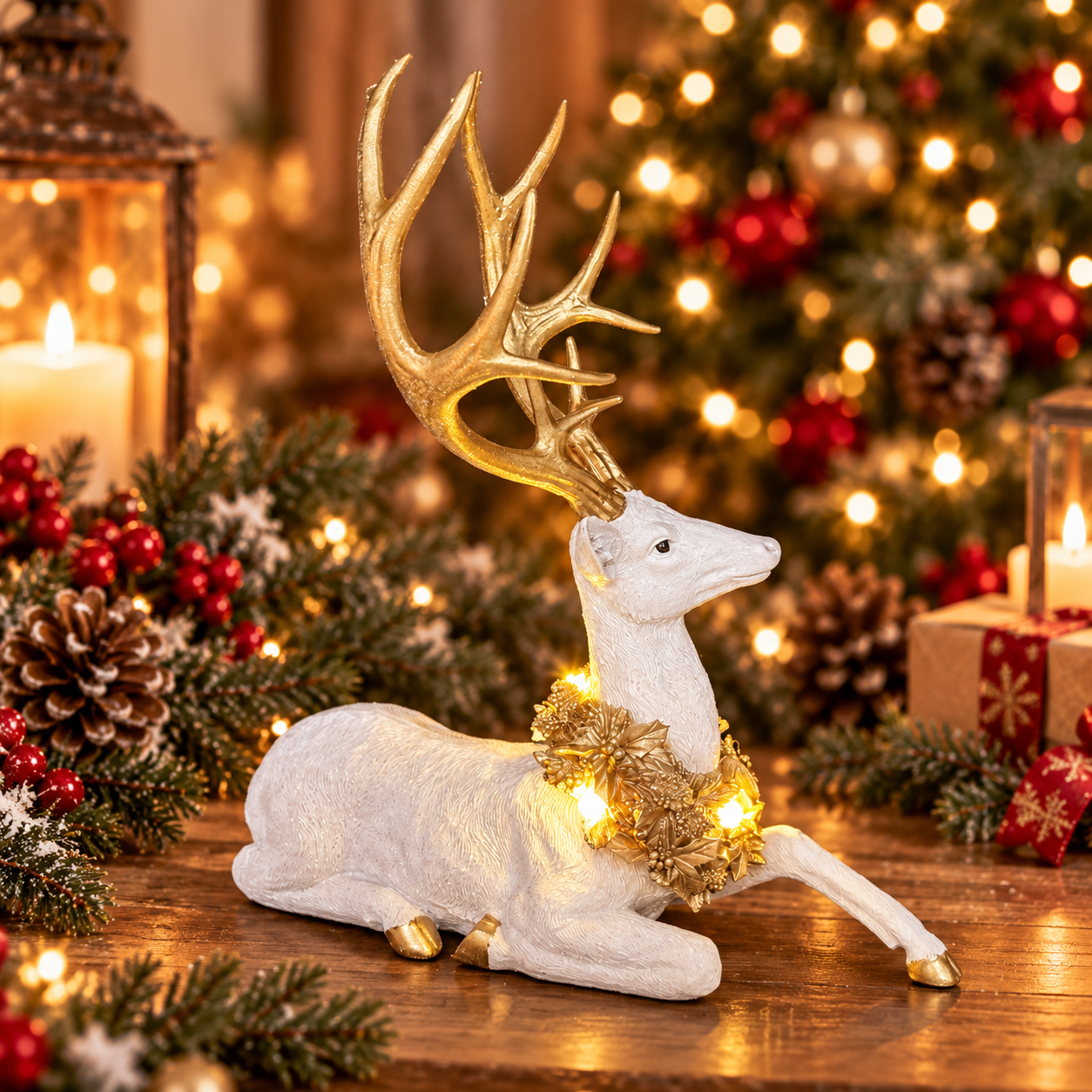 Majestic LED White Resin Deer with Gold Wreath Collar 10" H x 19.5" L Alert Pose