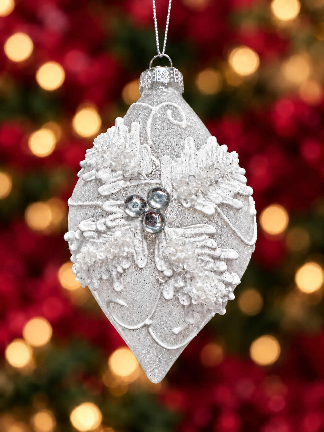 6" Frosted Glass Finial w/ White Jewel Holly