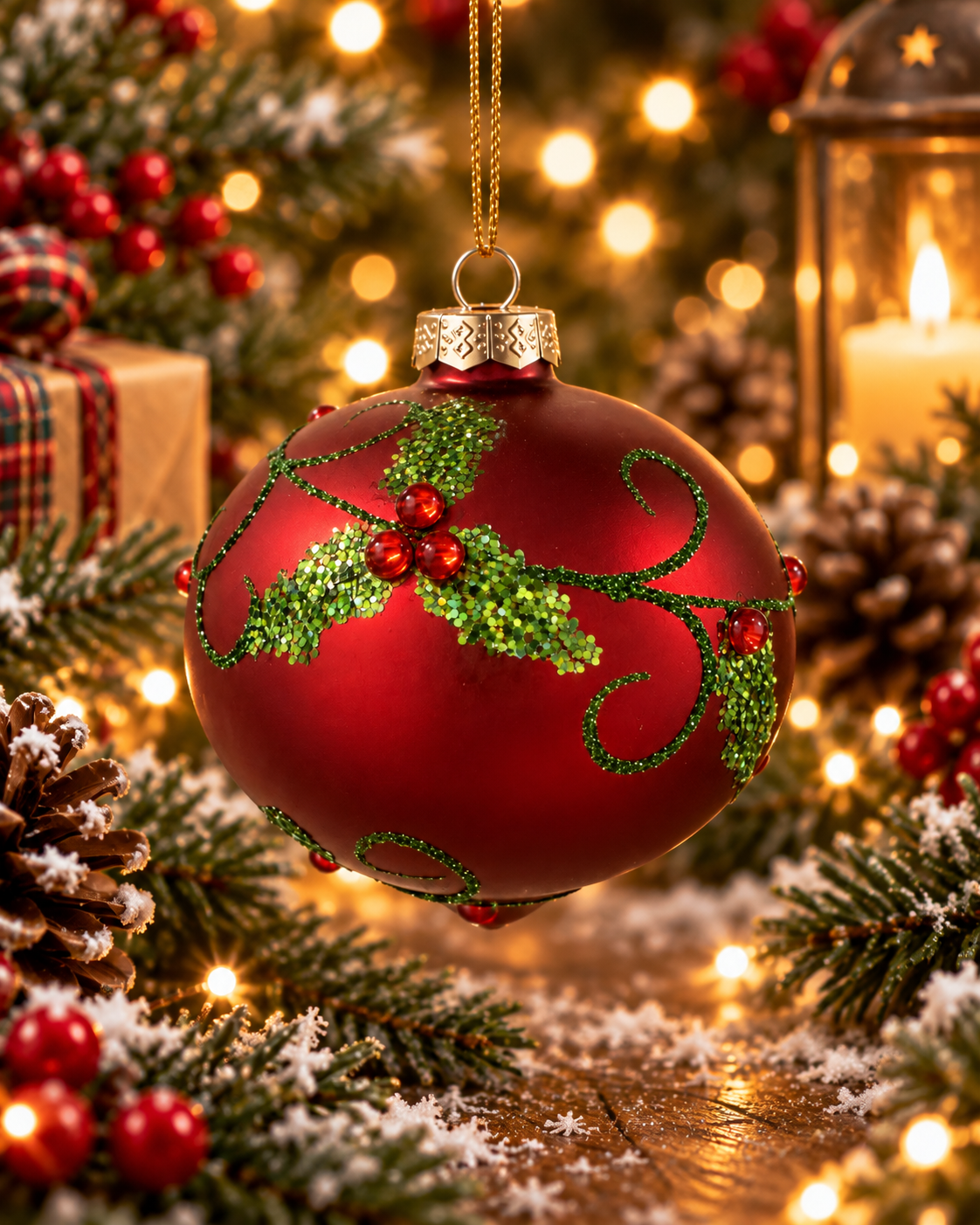 4" Red Ball with Holly Christmas Ornament-Onion