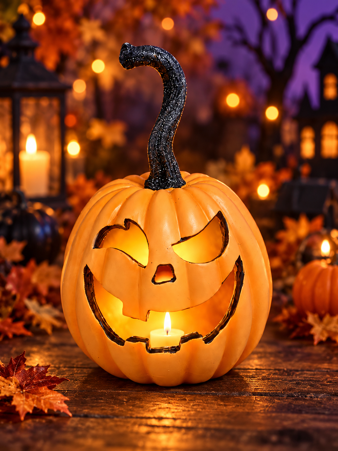 Orange Resin LED Flicker Flame Jack-O'-Lantern SMALL