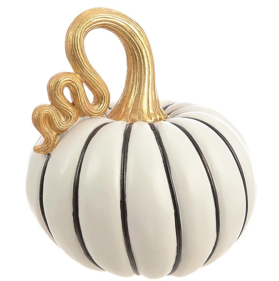 7.5" Elegant White and Black with Gold Stem Decorative Pumpkin