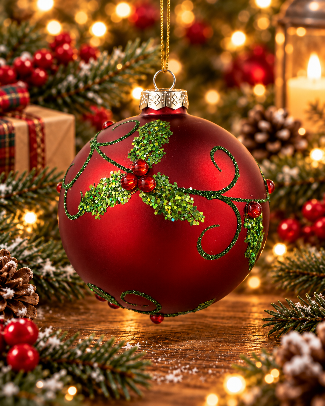 4" Red Glittered Ornament w/Green Holly Appliques-Round