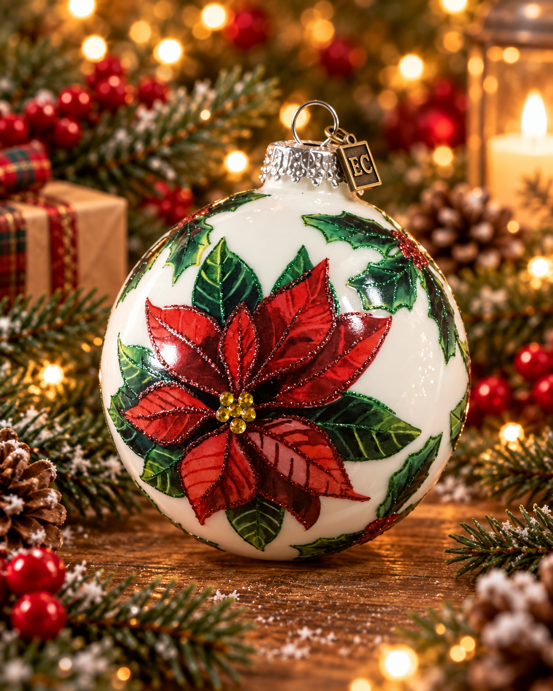 4" Eric Cortina Collectible White Glass Poinsettia Ornament