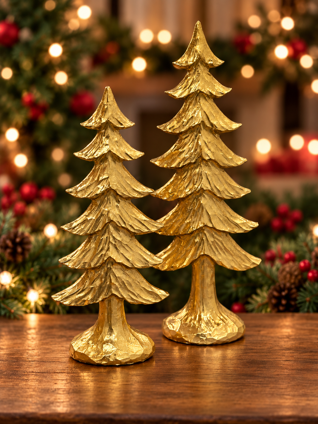 Set of 2 Golden Resin Christmas Tree Set