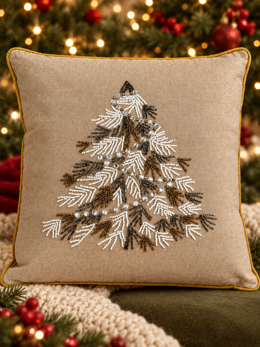 18" Square Exquisite Cotton Beaded Christmas Tree Pillow
