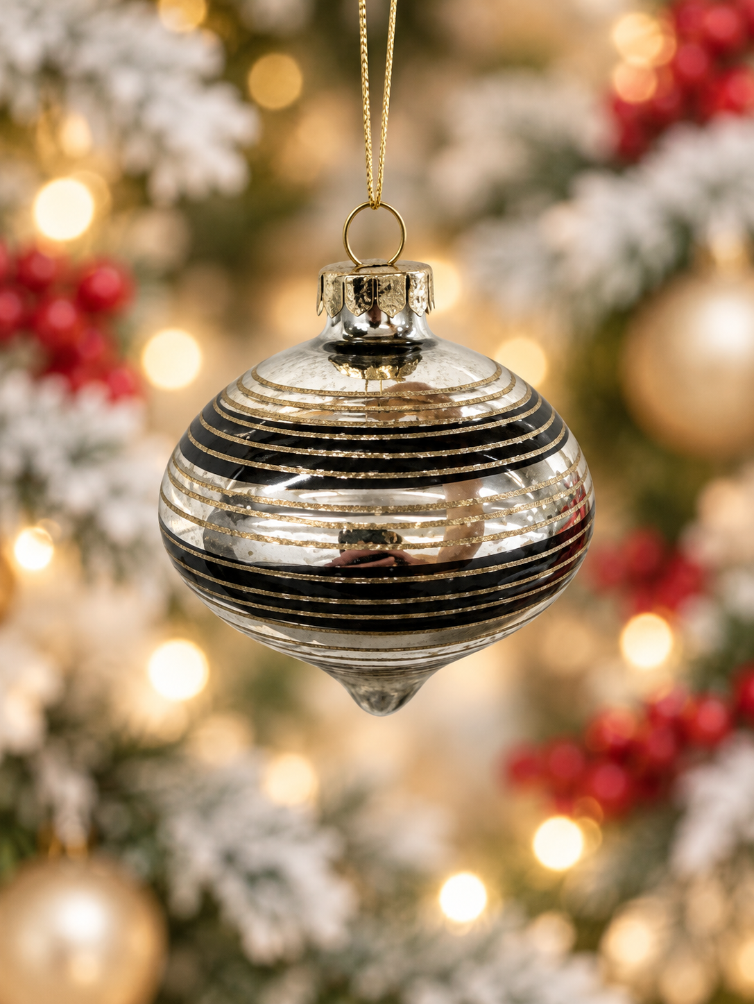 Glass Ornament in Gold and Black Stripes-Onion
