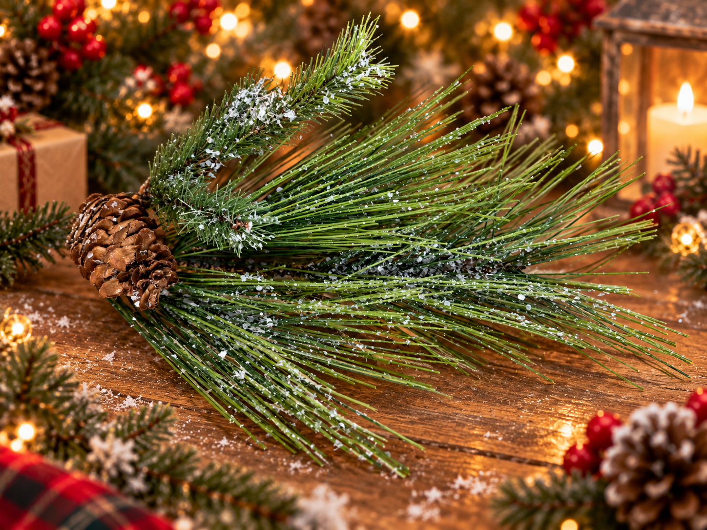 18" Frosted Pine Branch with Pinecone Spray