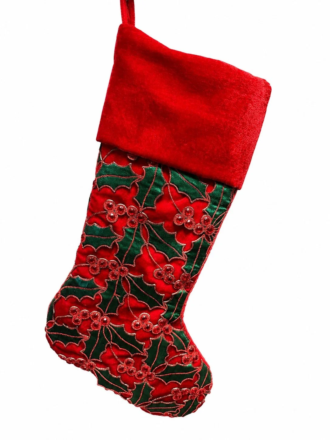 Velvet Holly Embroidered Christmas Stocking