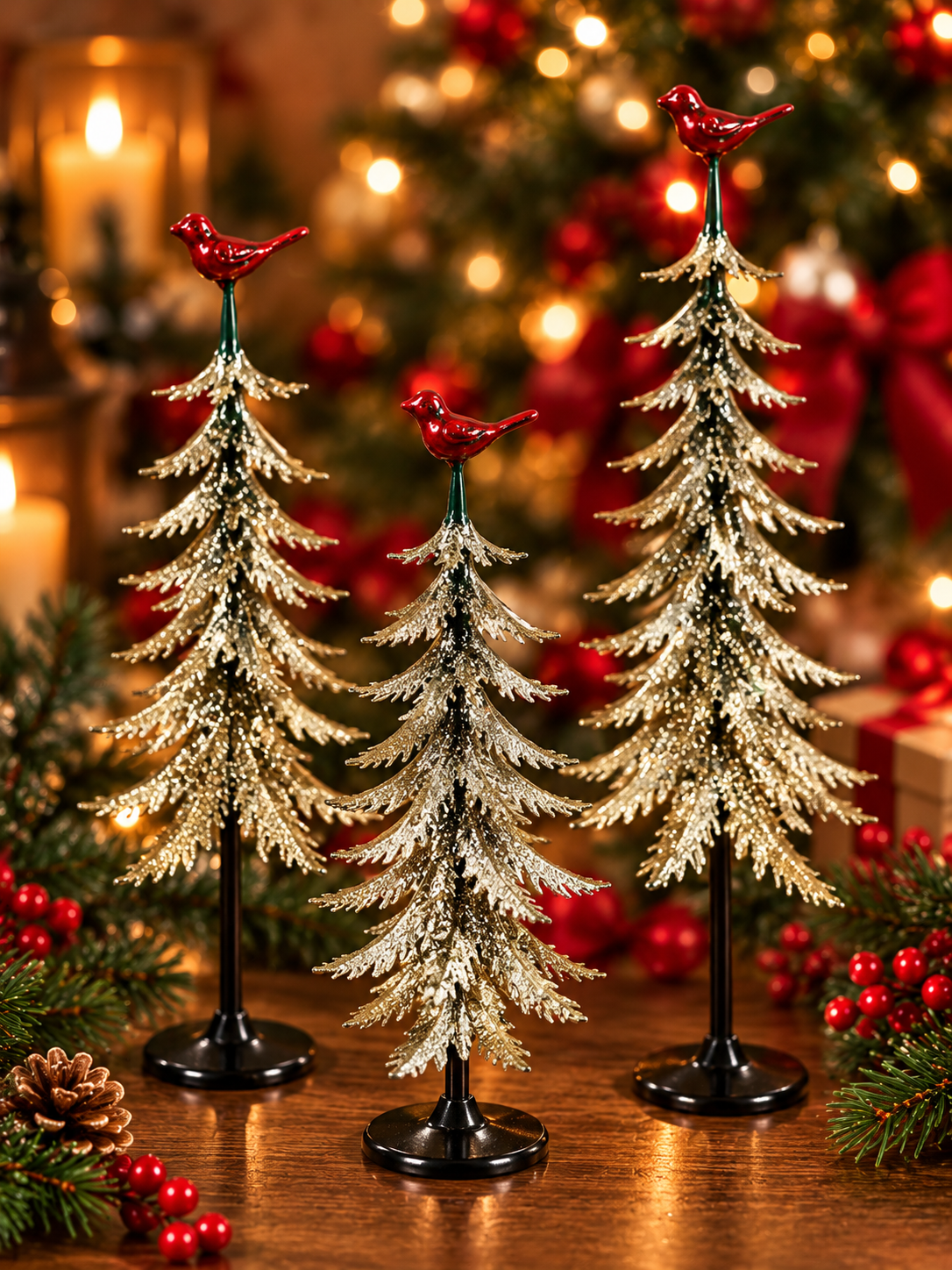 Golden Christmas Trees with Red Birds.png